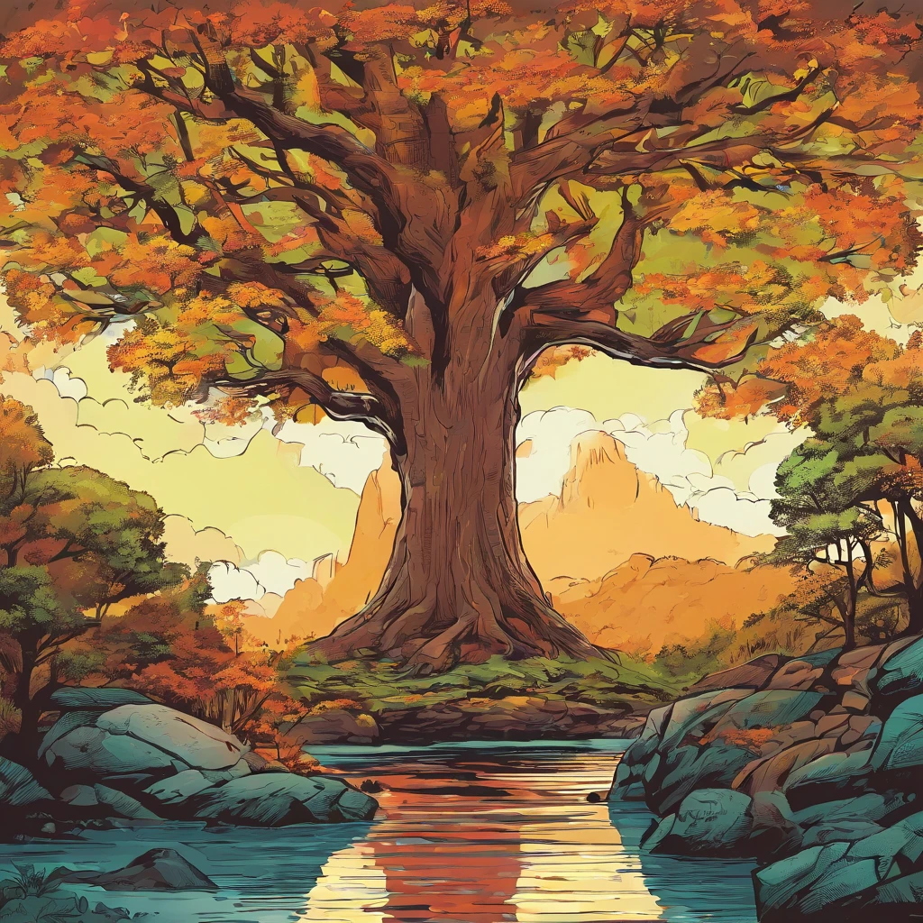 Rich in color,Dream colors,wall-paper,dark color,A towering tree,rivers