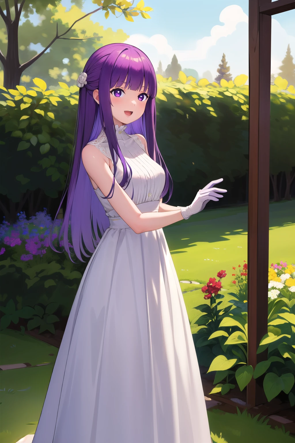 masterpiece, best quality, highres, aarurutie,1girl, wedding dress, white dress, standing, garden, smile, open mouth, gloves,Long straight purple hair, purple eyes.