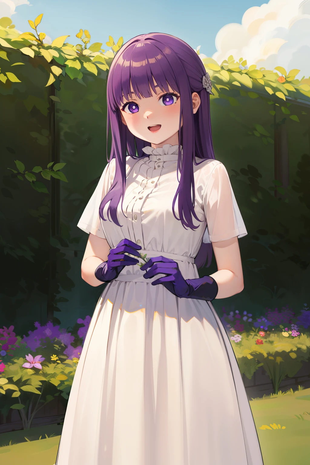 masterpiece, best quality, highres, aarurutie,1girl, wedding dress, white dress, standing, garden, smile, open mouth, gloves,Long straight purple hair, purple eyes.
