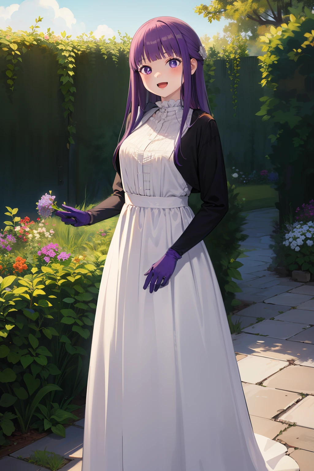 masterpiece, best quality, highres, aarurutie,1girl, wedding dress, white dress, standing, garden, smile, open mouth, gloves,Long straight purple hair, purple eyes.