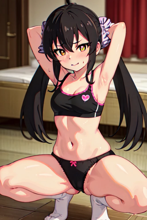 masterpiece, best quality, highres, Matoba Risa, 1girl, solo, busty, small ???????, twintail , sport bra, blush, looking at viewer, full body, standing, simple background, (?????? pose:1.4), (heart-shaped pupil:1.4), skirt by the, (arms behind head, armpits, half-squat, crouching down), ((Open the ?????? before:1.3)), panties on, ((?????? panties exposed:1.3)), Flustered, Blush