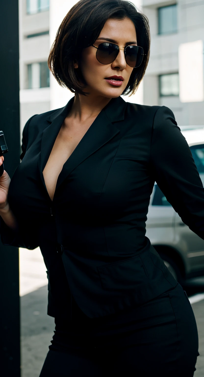 russian milf, perfect and clear eyes, sunglasses, dressed as a CIA agent, on a mission, short hair, big sized tits and ass, candid photography, sizzling hot, holding a gun in her hand, holding a gun in her hand, holding a gun in her hand, realistic,detailed skin texture, cleavage, vibrant colours, great exposure, cinematic, Photorealistic:1.4, UHD