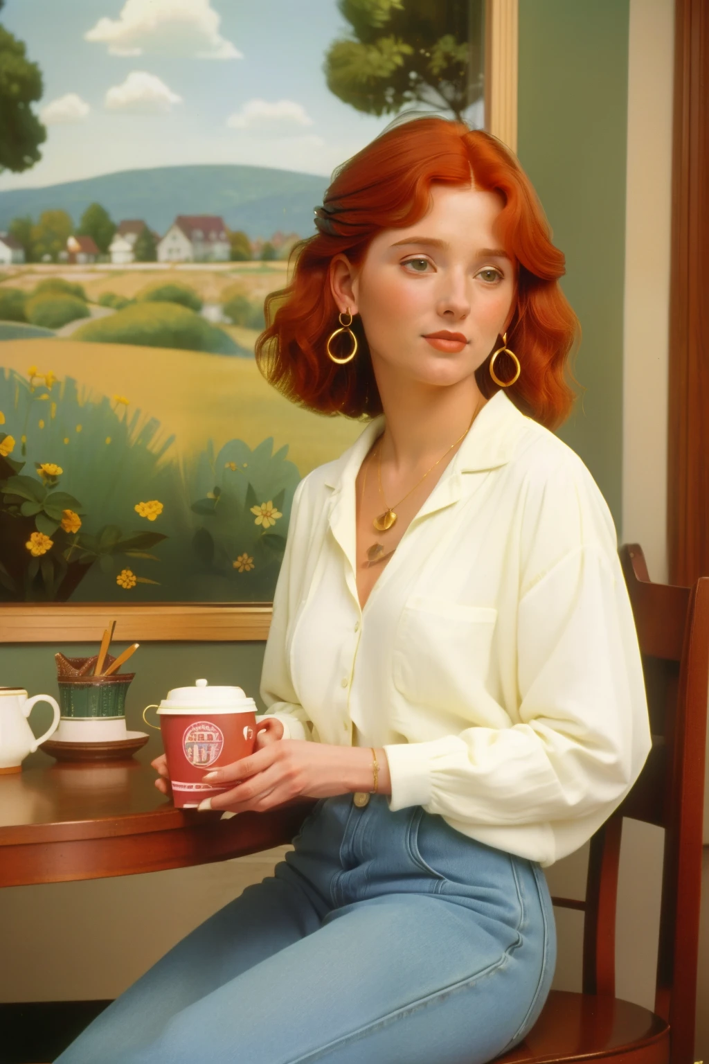 1998, Berkshire County, Massachusetts. Pre-raphaelite ((((46-year-old)) woman)), redhead, having coffee, smile, motherly vibes, looking away, ((((casual Clothing from the 1990s)))), ((Hairstyle of the 1990s)), ((Wes Anderson cinematic style)), colorful