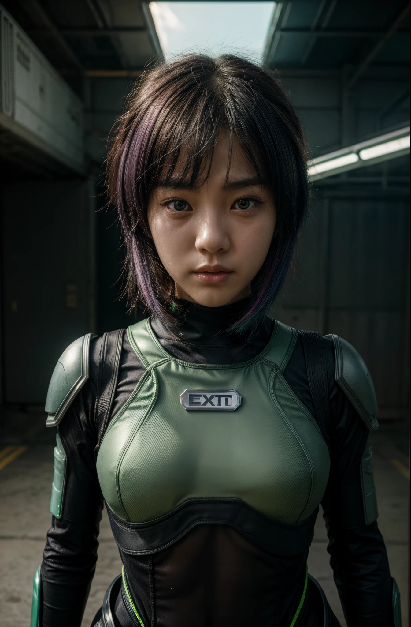 korean teen girl, random color hair, neon green robotic armor, exo_suit, body suit, portrait, noon, against crowded of people futuristic town, sun ray