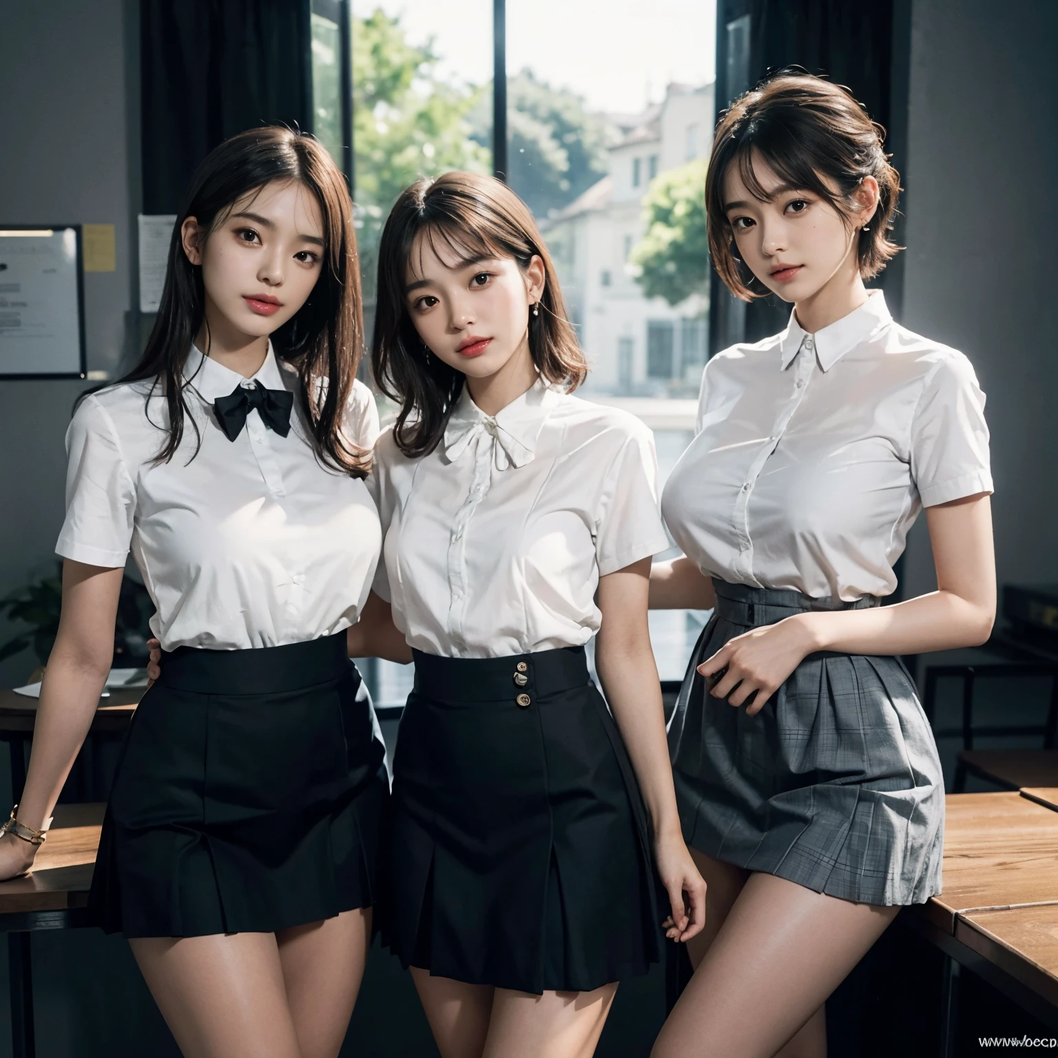 Ridiculous resources, RAW photos, Extremely Delicately Beautiful, tmasterpiece, Best quality, 超高分辨率, 16k, hyper realisitc, ultra - detailed, Very detailed CG 8k wallpaper, beautiful light up, Perfect lightning, realistic shaded, perfect anatomia, Ultra-delicate skin, perfect body figure, in my 20s, Very slim figure, Willow waist, Small head, The details of the eyes and face are very rich, Real face proportions, Amazing eye details, realistic beautiful face, Face smaller, Realistic little pretty eyes, 二重まぶた, tear-mole, Mole on the chest, ear nipple ring, The legs are beautiful and thin, Beautiful and thin thighs, (very huge round breasts:1.3), (Short hair details), (curlies), (Summer school uniform:1.3), (Formal shirts:1.3), (tics), (midriff peek:0.1), (Sleeveless:0.1), (Naked arms), (Bareleged), (3 Girls:1.3),