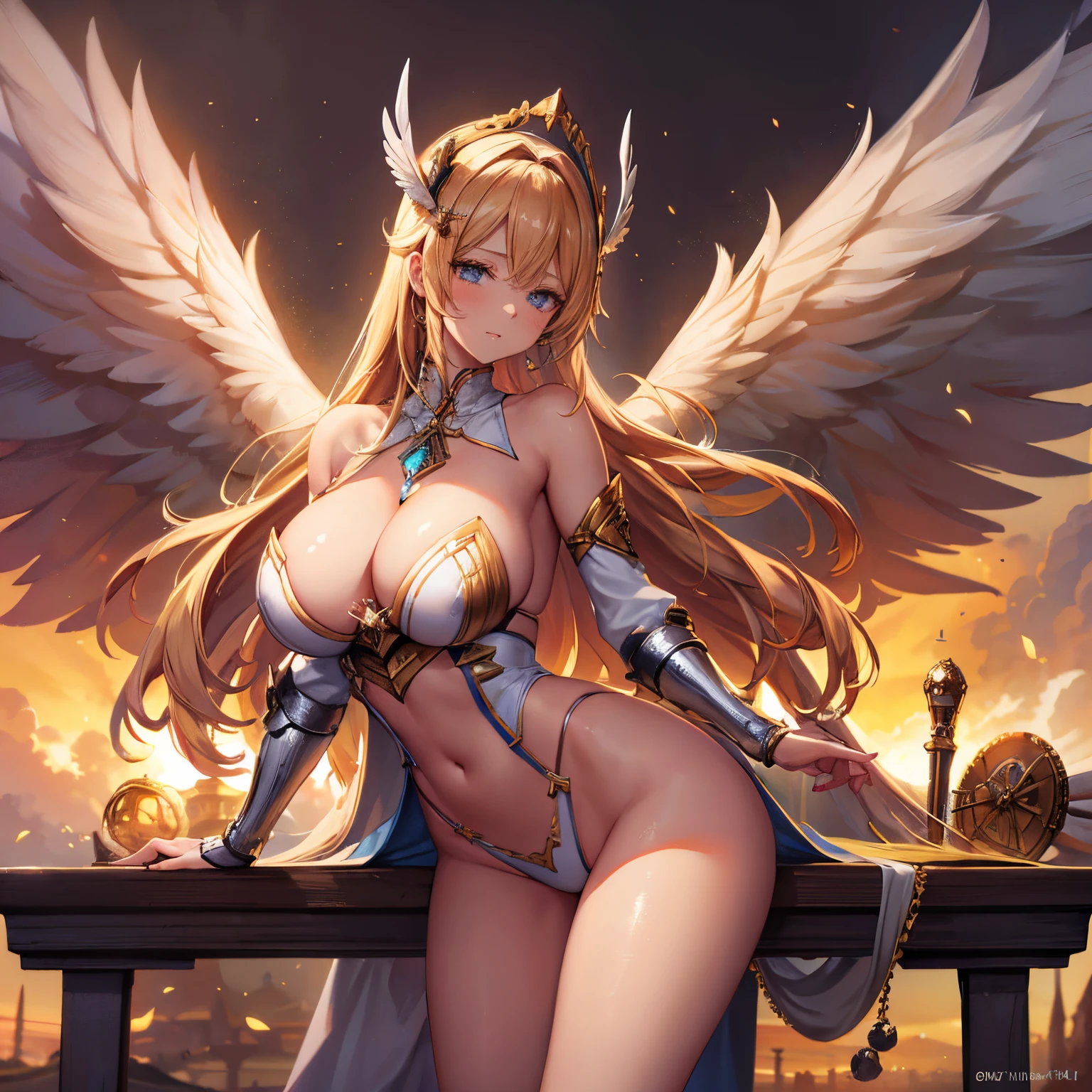 8K or above image quality, Valkyrie,sexy for,Long blonde hair,japanese manga,welcoming,symmetrical blue eyes,Ultra-detailed eyes,the underwear is transparent,at a forest,The sword,Golden wings,ultra thin lips, The face is very detailed, 二重まぶた, Super detailed feet,pretty legs,Tight boots,Full-legged priestess、Valkyrie、the angel's wings、a navel、Sid Buba Botha、with complex、Light particles、upper legs, upper legs, Skin glows、perfect litthing、1 girl looking at the audience、Headdress with wings、pelvis curtain、High fork，High fork，Serious、(tmasterpiece)、(top-quality)、mediuml breasts、sisterhood、porcelain skin、Honey Blonde Hair、Very long hair、curlies(Valkyrie,holy paladin:0.6),the angel's wings,with complex, perfect litthing, looking at viewert,(On a table), (Best quality at best)(Valkyrie,holy paladin:0.6),the angel's wings,with complex, perfect litthing, looking at viewert,(On a table), (Best quality at best)(Valkyrie Armor:0.5),(Headdress with wings:1.1),female student,,with complex, perfect litthing, 1 girl in, pony tails, looking at viewert, Serious, rays of sunshine,creek,blazing(On a table), (Best quality at best),upper legs, upper legs, upper legs 、A beautyful girl，as elegant as a swan，enchanting，Long gray hair，Red body，fluorescent line，White hands，fully body photo，The stands up，dreamy scenes，，this is it，super detailing，cellshading，8K detail post-processing，gorgeous one，ultra-realistic realism，8K，Epic work，Complicated details，White hair，Golden pupils，flower  sea，eventide，Angel Maiden，the angel's wings，a white long skirt，Large breasts, Large breasts，High quality fighting stance, 4K, On a table :1.3), short beautiful woman, Brown hair、curlies、The face is very detailed、the maid outfit、A detailed eye, Debauchery, Pose seductively, Smooth skin, (Bigchest), Round chest。kawaii、the shy、1 Weeping face、looking at the camera in、Sakura blossoms