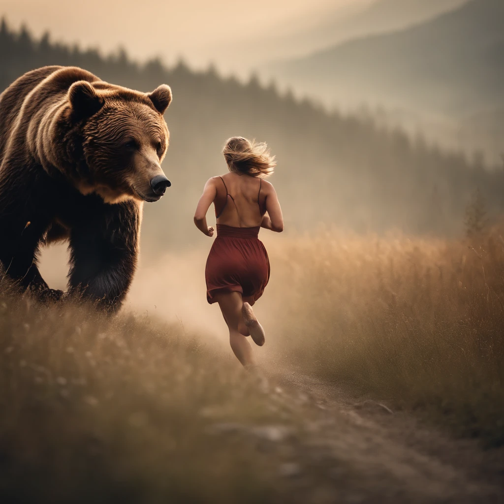 Woman running away from being chased by a bear