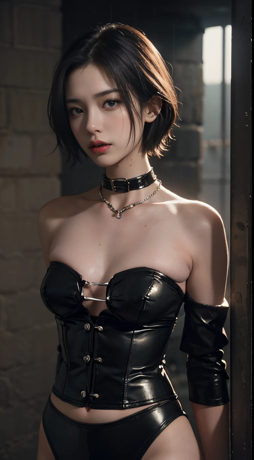 Black Corset, Bondage, (in prison cell), Chained Woman, Full Body, ((arm behind back)), Chained Chain, ((Best Quality, 8k, Masterpiece: 1.3)), Sharp Focus: 1.2, Beautiful Woman in Perfect Shape: 1.4, Slender Abs: 1.2, ((Layer Cut, Big: 1.2)), (Rain, Street: 1.2), Wet Body: 1.5, Highly detailed face and skin texture, detailed eyes, very short hair, BDSM, slave, rubber,