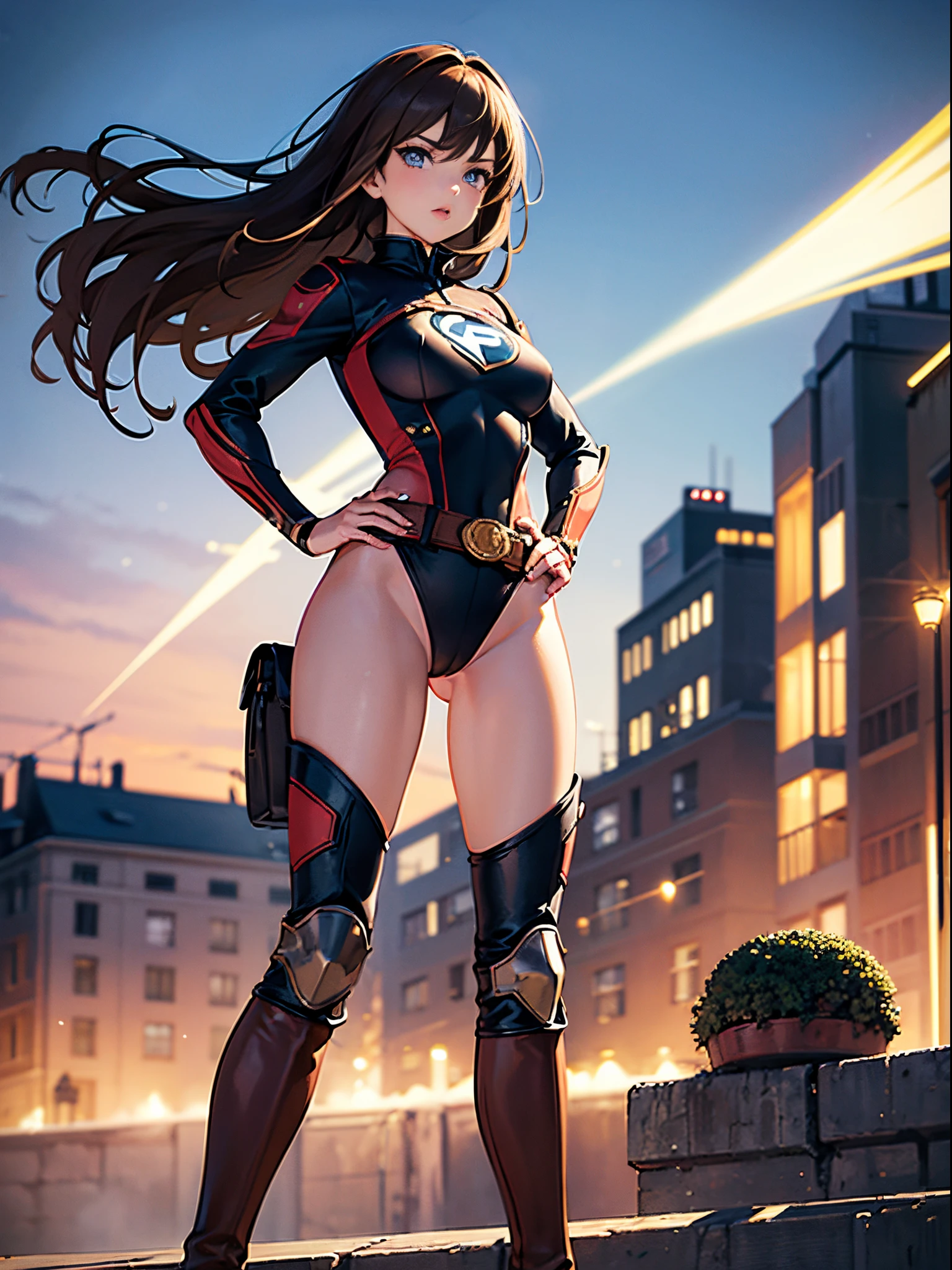 masterpiece, best quality, 1girl, superhero, leotard, bare legs, knee boots, matching boots, heroic, city backdrop, standing, body infused with energy, light particles, solo, single, cowboy shot, perfect anatomy, hand on hip, brown hair, beautiful detailed eyes, belt