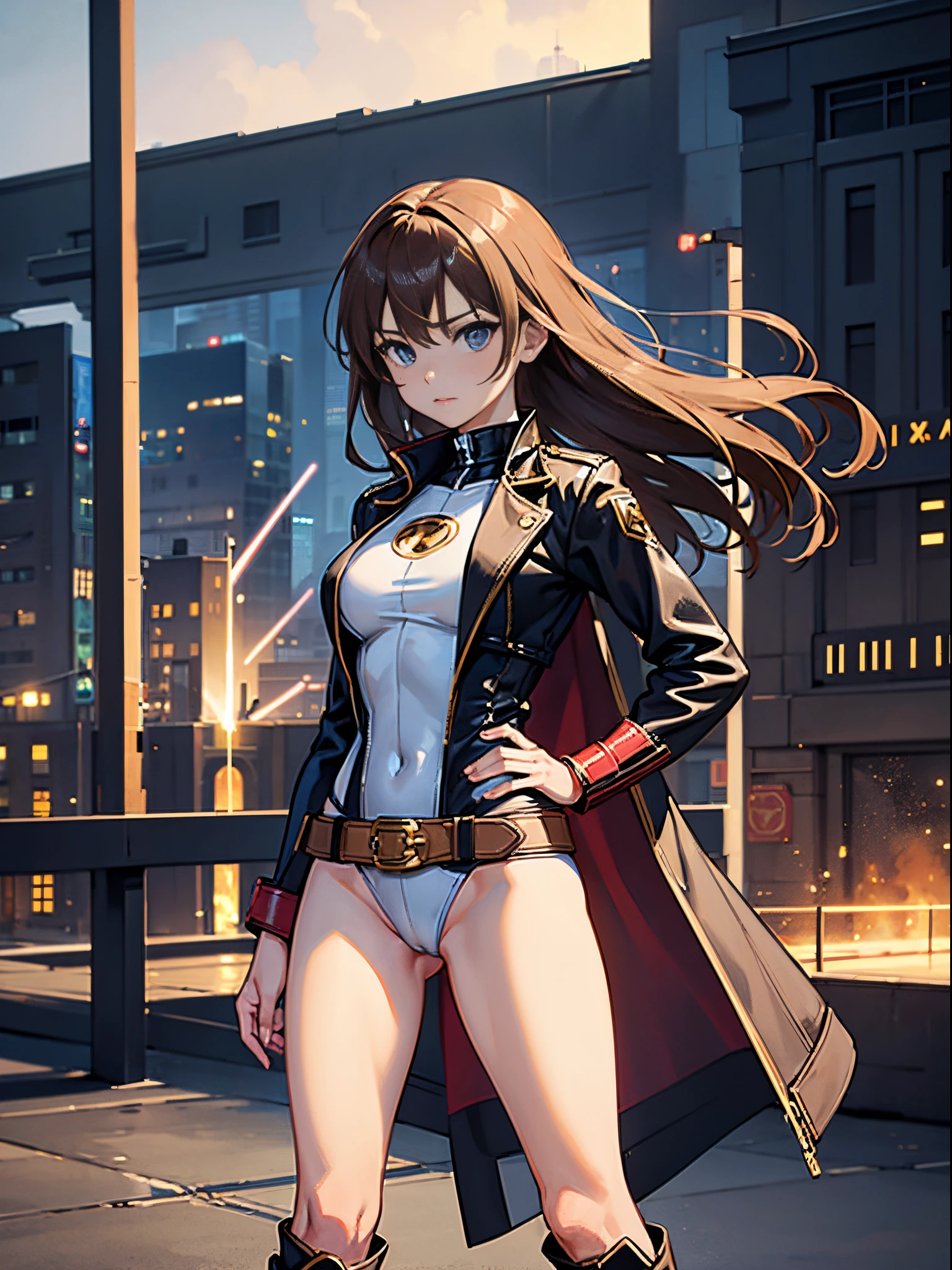 masterpiece, best quality, 1girl, superhero, leotard, bare legs, knee boots, matching boots, heroic, city backdrop, standing, body infused with energy, light particles, solo, single, cowboy shot, perfect anatomy, hand on hip, brown hair, beautiful detailed eyes, belt