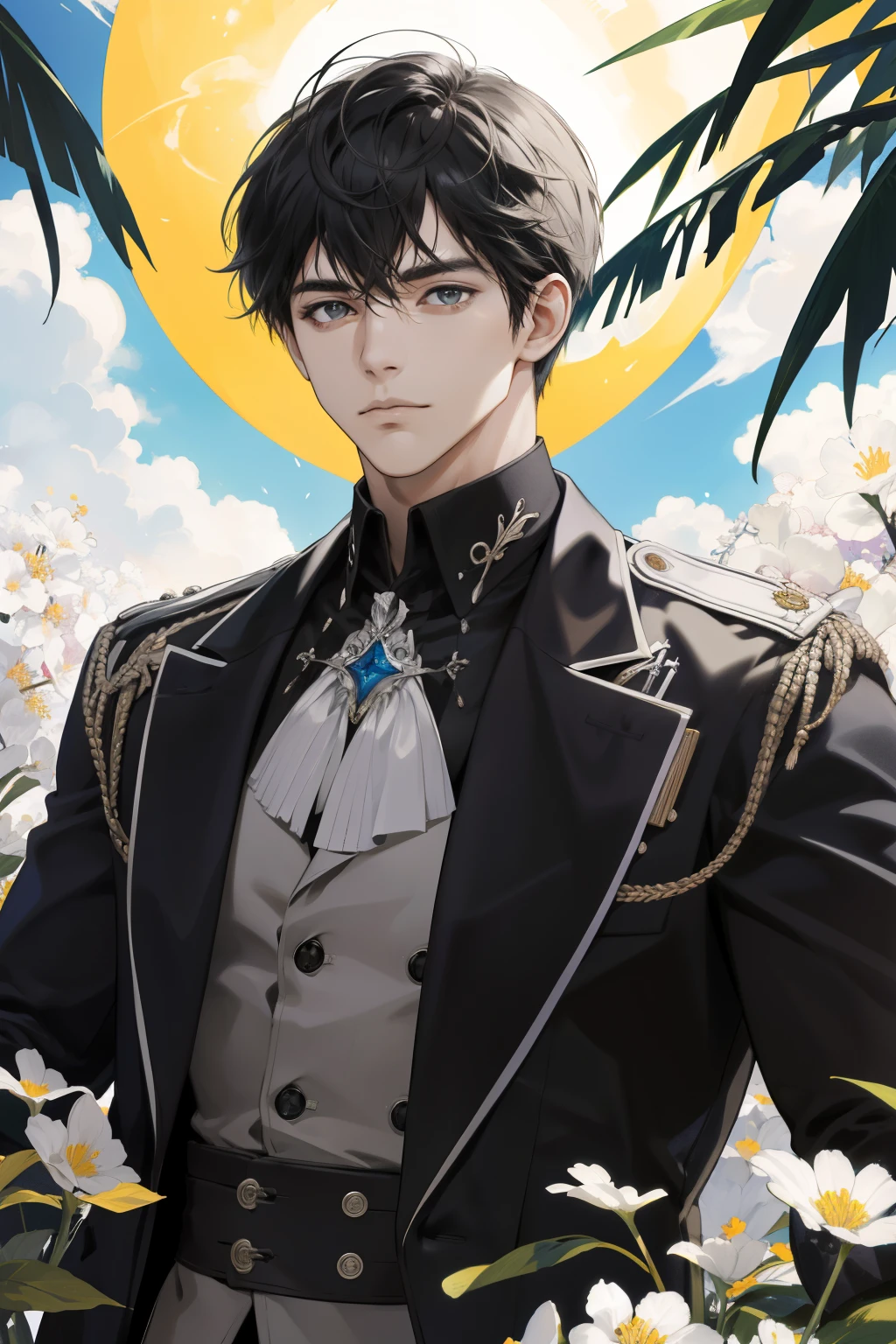 (absurdos, highres, ultra detallado), 1 hombre, adulto, guapo, chico alto y musculoso, hombros anchos, ojos finamente detallados y cara detallada, cabello negro, ojos grises, guapo, traje, fantasy, uniforme, real, bosque, flores floreciendo flores brillantes, luz del sol, Fantastic light and shadow, paisaje, retrato