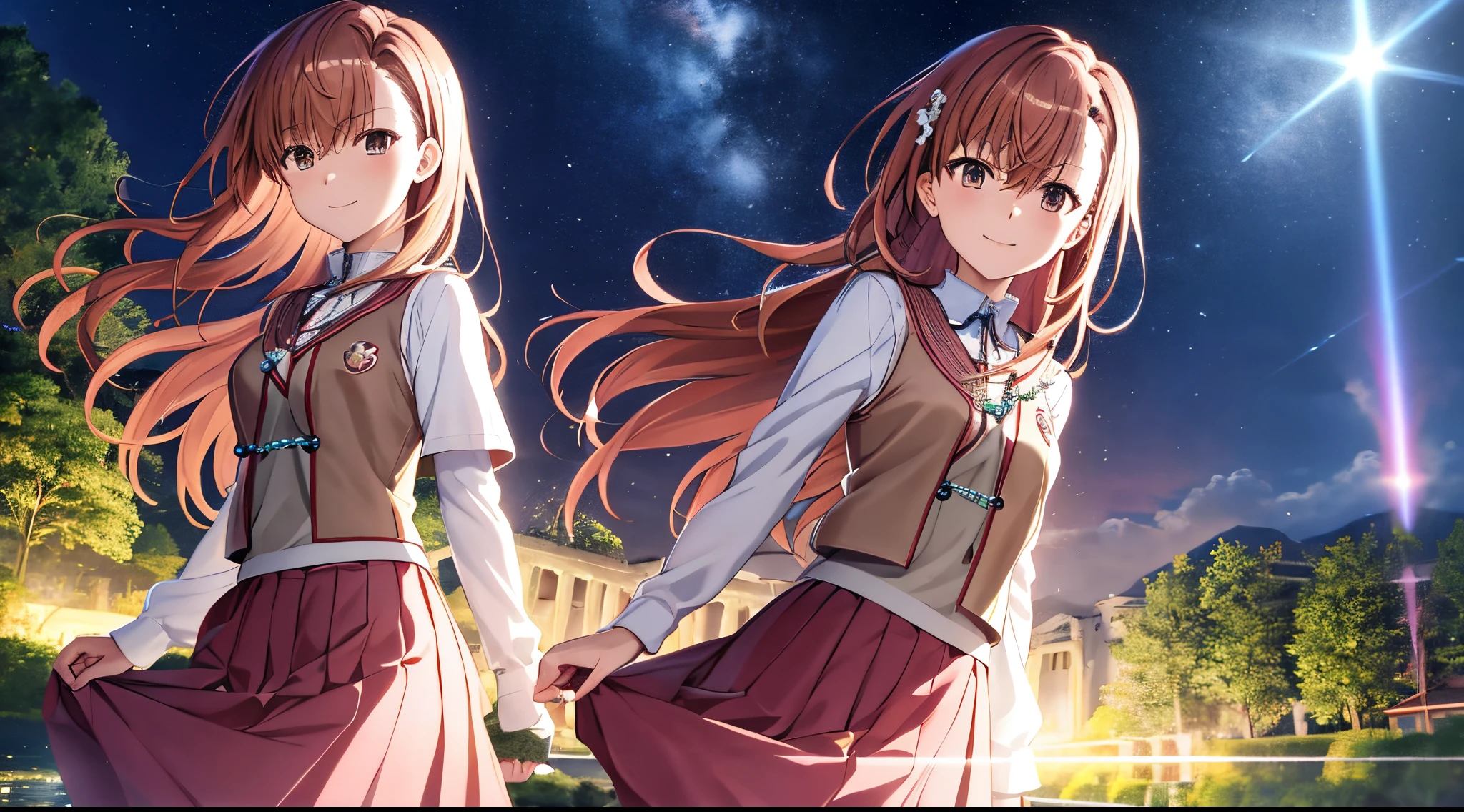 Anime view of Misaka mikoto, 1girl, teen girl, kawaii, solo, chestnut hair, hairpin,brown eyes, standing, looking at viewer,smile,knight armor,praying beads on neck, long skirt,flower fields in greek Acropolis waterfalls,night sky nebulae,anime style,deep depth of field,wide angle view,Lumen Reflections,Screen Space Reflections,Diffraction Grading,Chromatic Aberration,GB Displacement,Scan Lines,Ray Traced,Anti-Aliasing,FXAA,TXAA,RTX,SSAO,Shaders,OpenGL-Shaders,GLSL-Shaders,Post Processing,Post-Production,cell Shading,Tone Mapping,CGI,VFX,SFX,insanely detailed and intricate, 4K