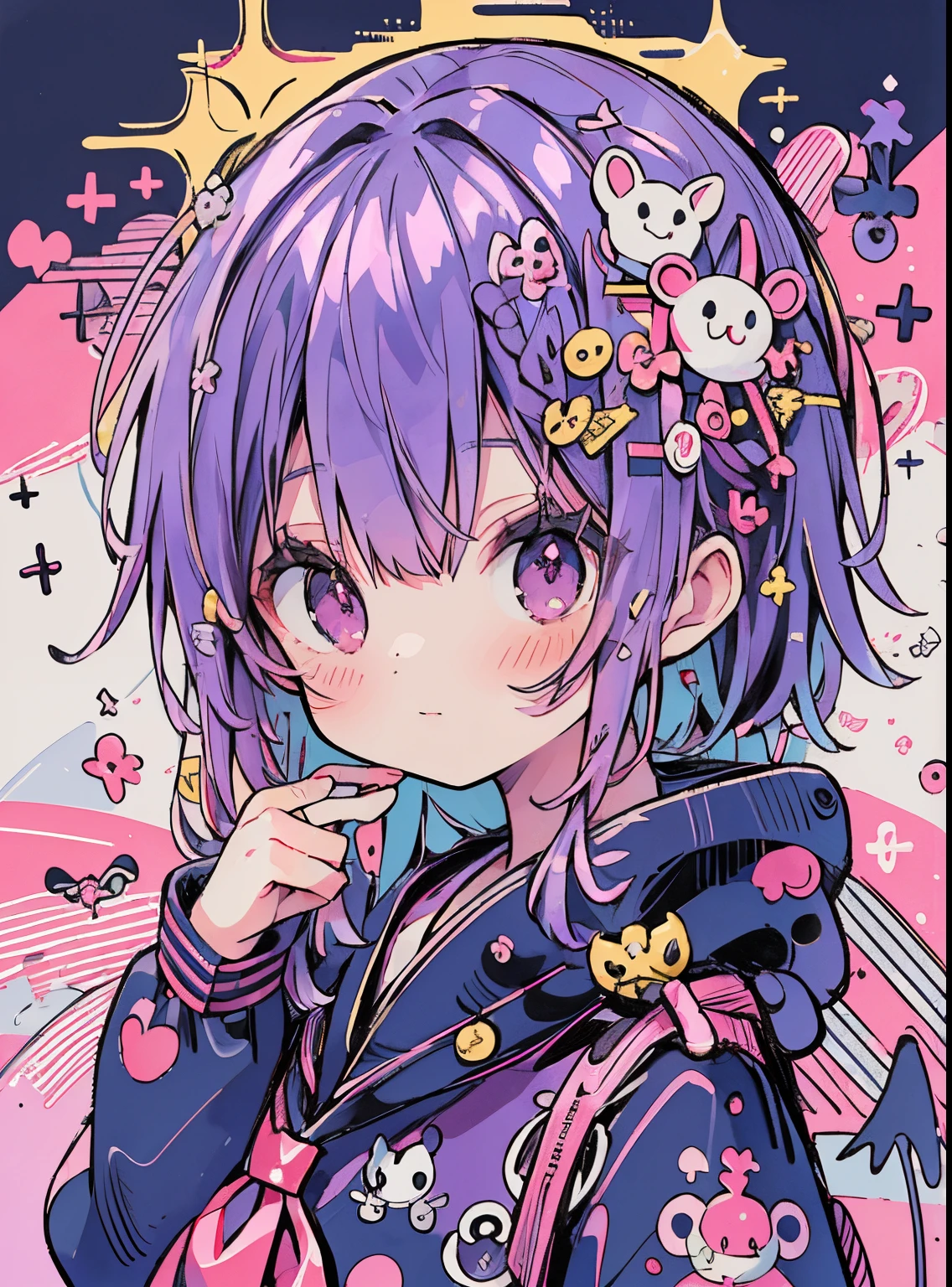 absurderes, hight resolution, (Anime style:1.1), ((masutepiece)), ((Best Quality)), (Ultra-detailed), (Beautiful), 独奏, Beautiful face、Cute *********** s,Purple hair、Hair long、Long、Pink eyes、Hair flutters in the wind、Purple sailor suit、Dark blue hoodie、Dark blue jacket、Purple tie、Purple skirt、cute little、(masutepiece、masutepiece、8K)Floating in the air(Diabolical、Devil's Wings)(((Diabolical)))(((a sailor suit)))((One of the Devils))Background: Dark color、Background Simple(((Diabolical))))