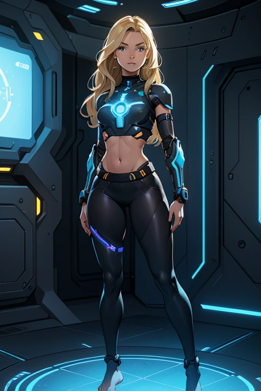 A beautiful, young, visibly barefoot cyborg woman, wearing skintight cybernetic technological black and blue body armor top with a skirt, bare midriff, with short blonde wavy hair, in a futuristic room, standing.