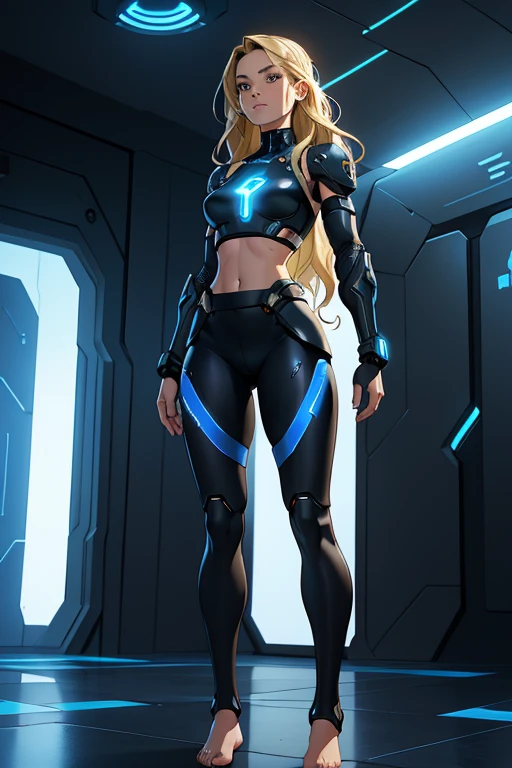 A beautiful, young, visibly barefoot cyborg woman, wearing skintight cybernetic technological black and blue body armor top with a skirt, bare midriff, with short blonde wavy hair, in a futuristic room, standing.