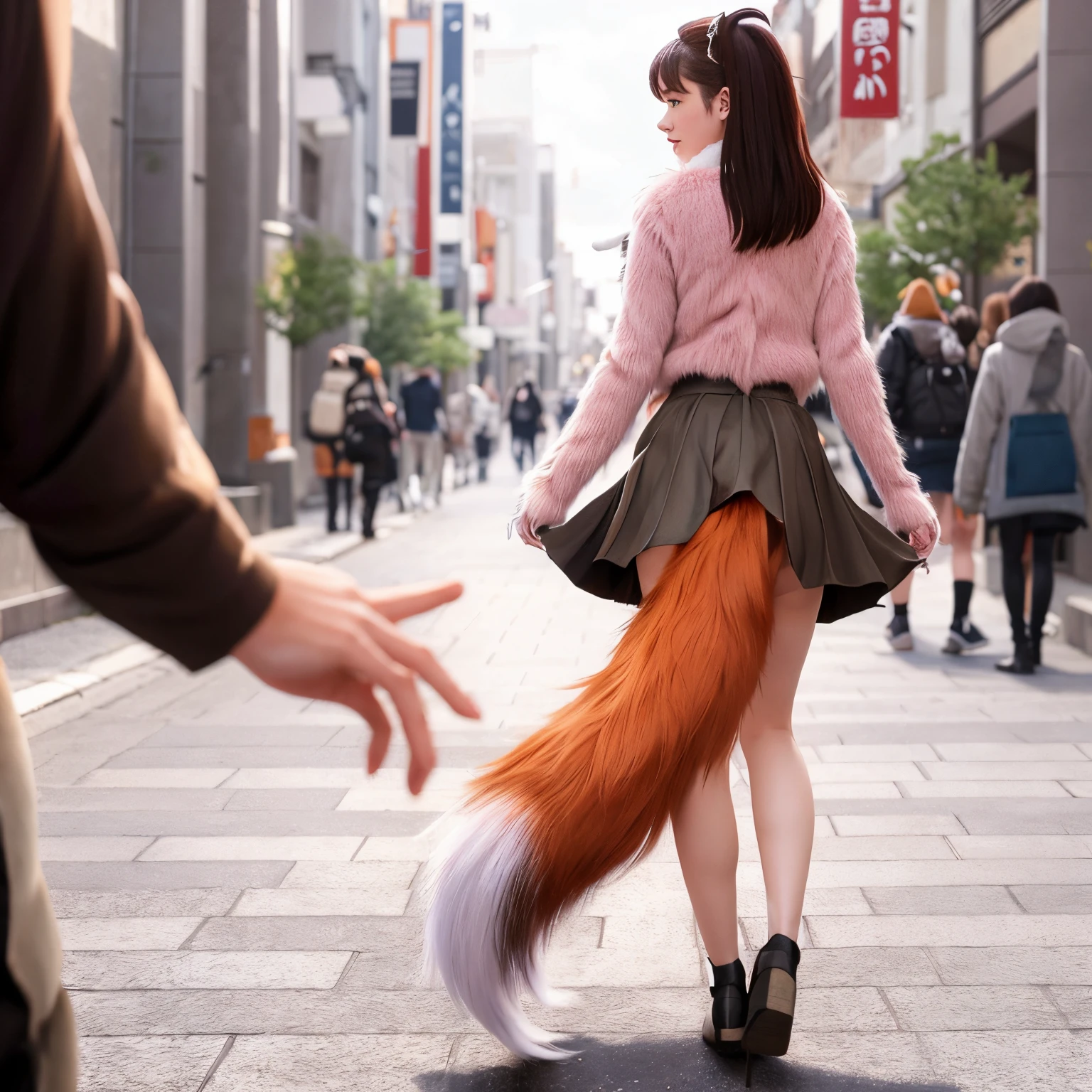 A woman with a tail walking down the street wearing a skirt, Fox tail, Furry tail, foxgirl, fluffy tail, furries wearing tails, tail, thick fluffy tail, pov furry art, Photorealsitic, a picture, top-quality