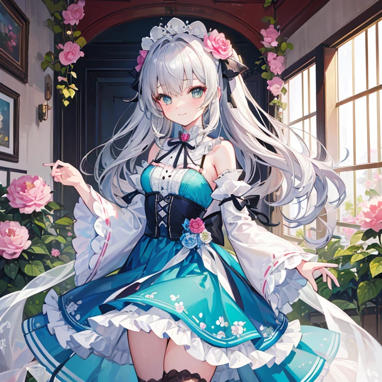master piece , Best Quality,Wallpaper 8k CG, hyper quality, The best ,1girl in,Solo,Seductive smile,
Wavy Hair, pretty girl,
The costume is a flower hair ornament..,{{Turquoise dress}}, Gray Shadow Dress,Wide sleeves,Floral Print Sleeve,Gothic lolita,White skirt,layered skirts,White sleeves,bow ribbon,lowfers,
peonies on the background,Camellia japonica,Rosa