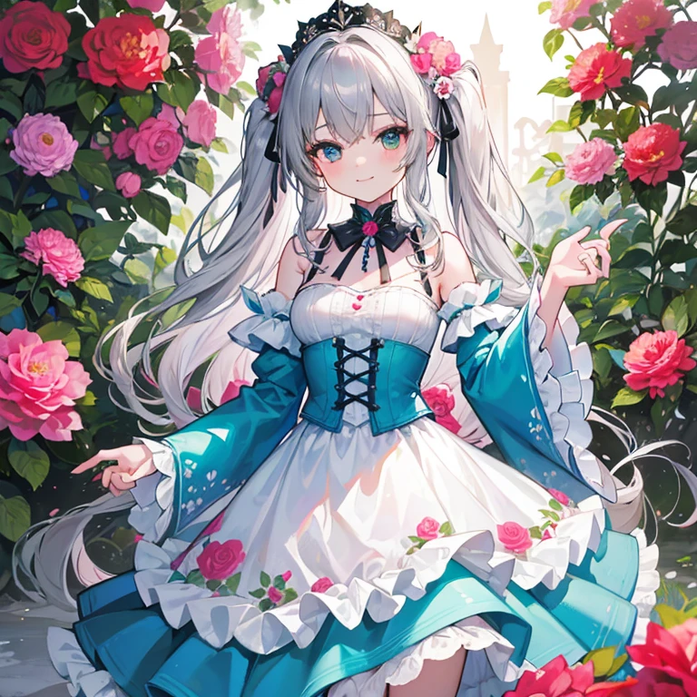 ​master piece , Best Quality，Wallpaper 8k CG, hyper quality, The best ，1girl in,Solo，Seductive smile,
Wavy Hair,Little pretty girl，
The costume is a flower hair ornament..,{{Turquoise dress}}, Gray Shadow Dress,Wide sleeves,Floral Print Sleeve,Gothic ****ta,White skirt,layered skirts,White sleeves，bow ribbon,lowfers,
peonies on the background，Camellia japonica，Rosa