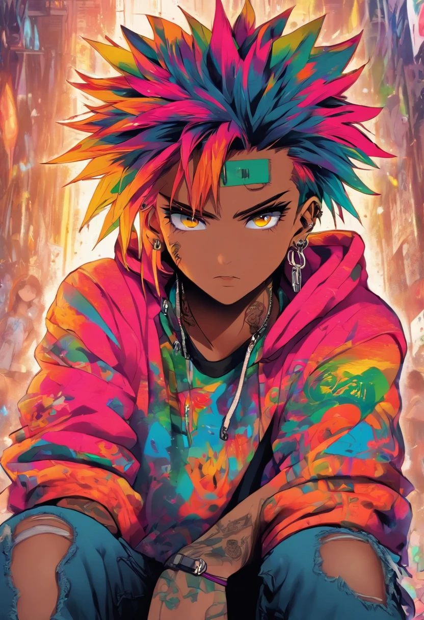 Cool and trendy men, rainbow-colored hair, Yellow eyes, Wear trendy hip-hop clothes, Wearing a hoodie, Graphic T-shirt and ripped jeans, Lots of tattoos and piercings, Doodle style background, Highly detailed background, perfect masterpiece, High quality, High resolution