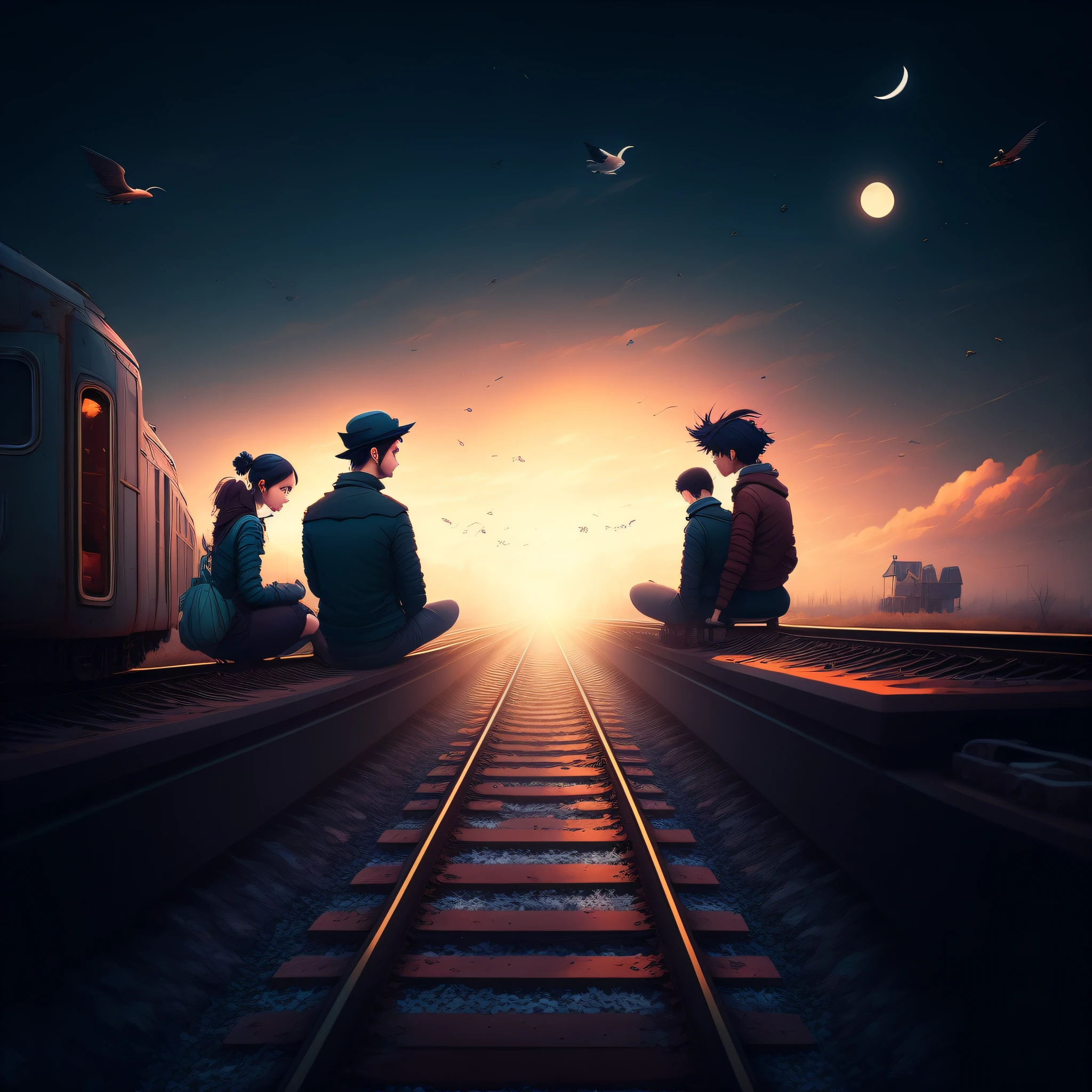 Two people sitting on the railroad tracks々Images, cyril rolando and goro fujita, Surreal dark art, Dark surreal art, Surreal digital artwork, amazing composition, Completely realistic yet surreal, sylvain sarrailh and igor morski, surreal photos, surreal gediminas pranckevicius, Complex and epic composition, Surreal Photography