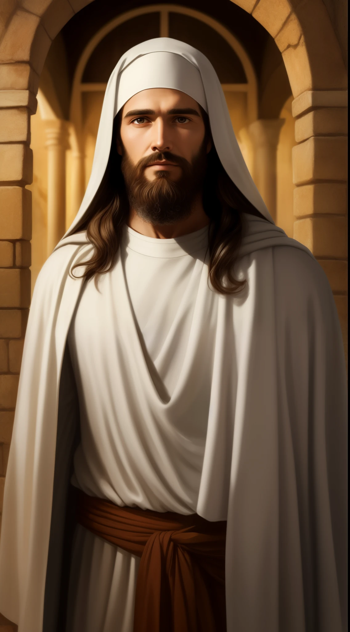 Man with beard and white shawl on his head, Jesus Christ, dressed as Jesus Christ, Jesus of Nazareth, face of Jesus, Greg Olsen, Jesus, Nicodemus, portrait of Jesus Christ, Lord and Savior, He is greeting you warmly.