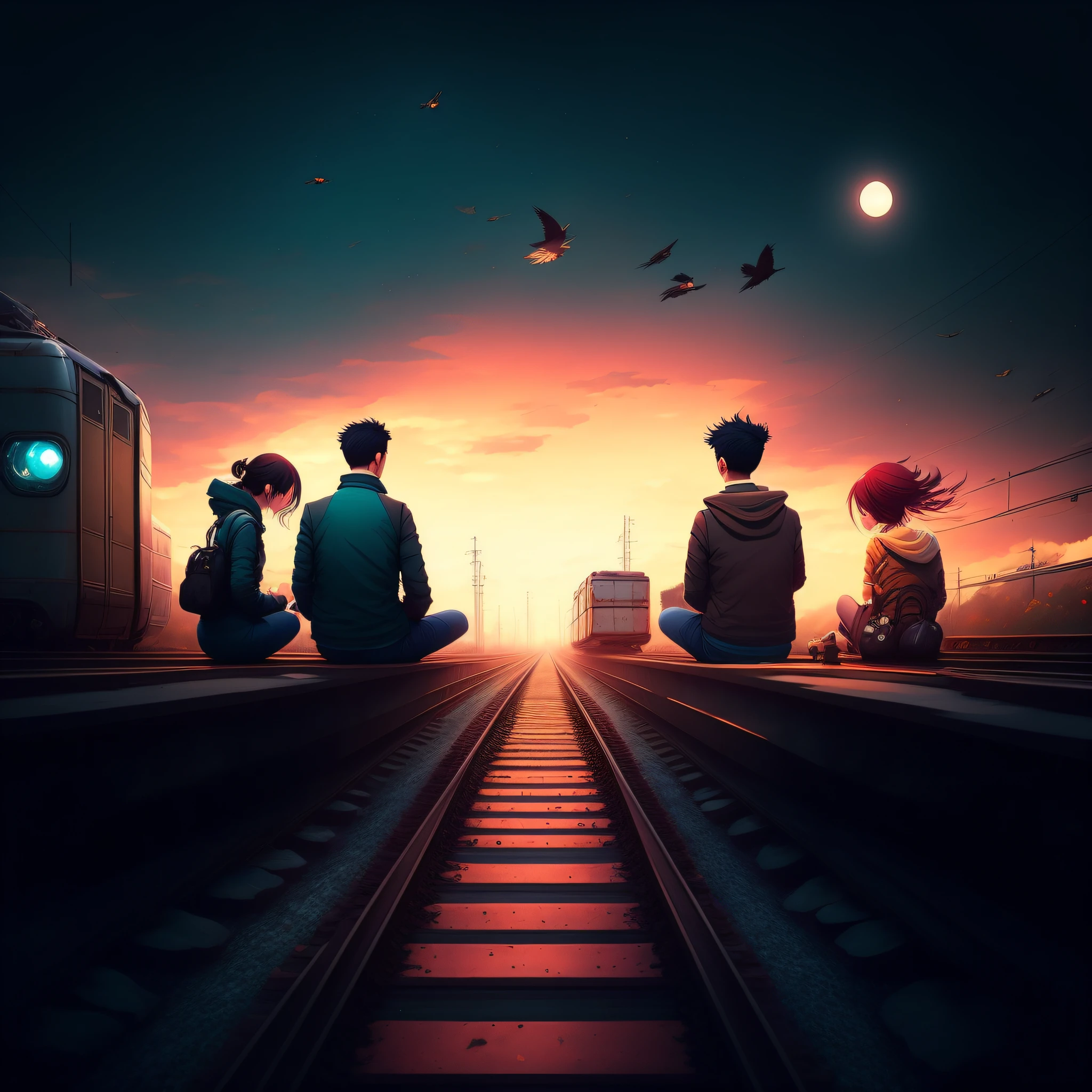 two people sitting on the railroad tracks々Imagen, cyril rolando and goro fujita, Surreal dark art, Dark surreal art, Surreal digital artwork, amazing composition, Totally realistic yet surreal, sylvain sarrailh and igor morski, surreal photos, surreal gediminas pranckevicius, Complex and epic composition, Surreal Photography