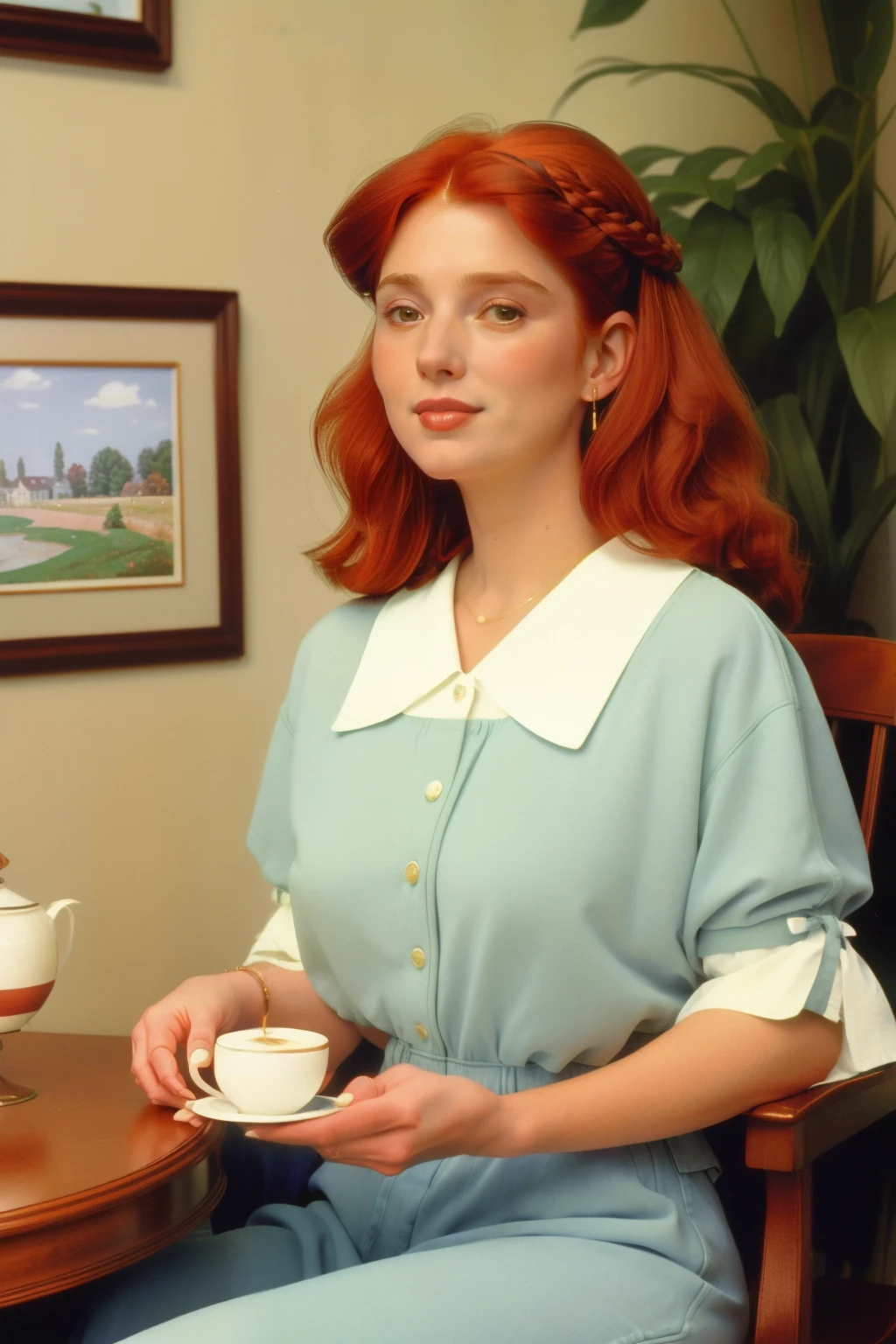 1998, Berkshire County, Massachusetts. Pre-raphaelite ((((46-year-old)) woman)), redhead, having coffee, smile, motherly vibes, looking away, ((((casual Clothing from the 1990s)))), ((Hairstyle of the 1990s)), ((Wes Anderson cinematic style)), colorful