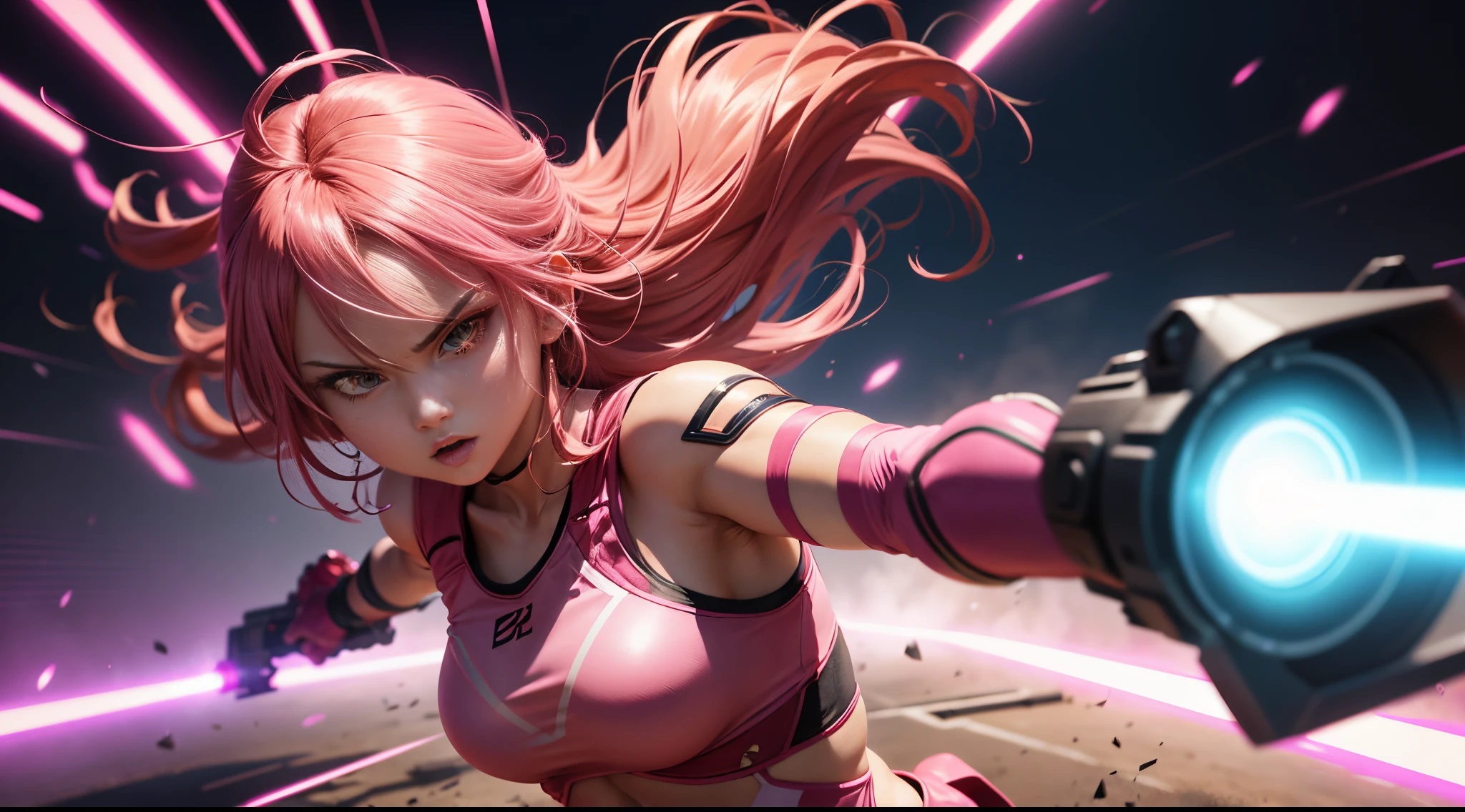 "Generate an anime-inspired image featuring a fierce warrior girl in a vibrant pink outfit, wielding a futuristic laser gun. Set the scene against a dramatic background, with dynamic lighting and intense shadows. Convey a sense of action and power as she confidently takes aim, showcasing her strength and determination in the midst of a visually stunning and dynamic environment."