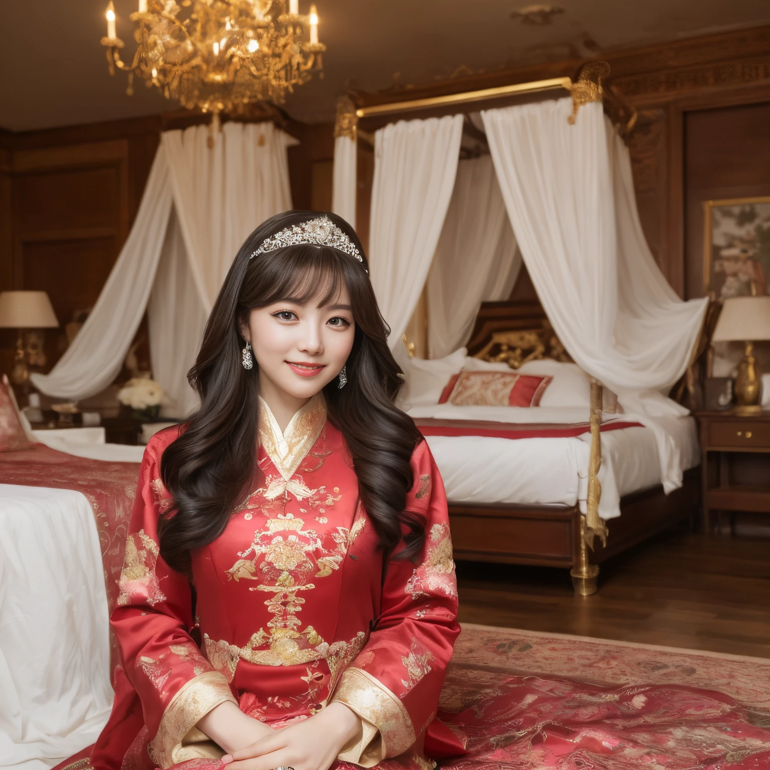 ((top-quality、masutepiece、8K、Top image quality、Very complex and detailed details))、((chinese princess、The most gorgeous Chinese princess costume、very luxurious chinese bed、gorgeous floor、chinese style royal family、High-end interior in Chinese style、the most complex and luxurious royal family、An unimaginably luxurious royal family、Very complex decoration、highly detailed royal family))、(View me、Look at viewers、perfect anatomia、Biggest smile、The happiest smile)