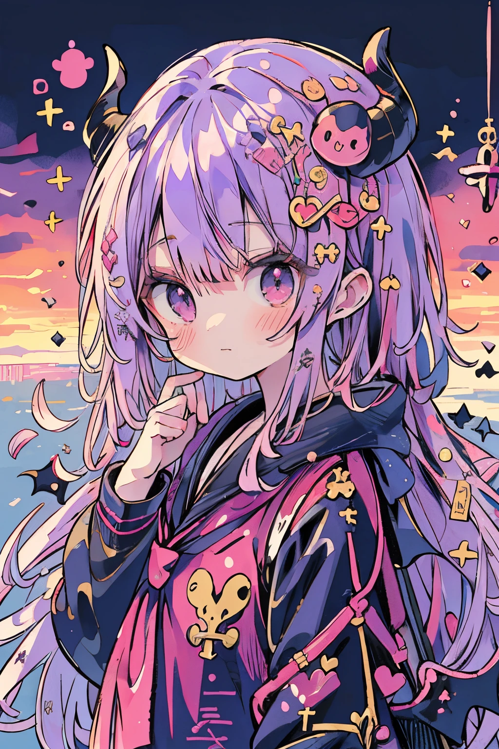 absurderes, hight resolution, (Anime style:1.1), ((masutepiece)), ((Best Quality)), (Ultra-detailed), (Beautiful), 独奏, Beautiful face、 s,Purple hair、Hair long、Long、Pink eyes、Hair flutters in the wind、Purple sailor suit、Dark blue hoodie、Dark blue jacket、Purple tie、Purple skirt、cute little、(masutepiece、masutepiece、8K)Floating in the air(Diabolical、Devil's Wings)(((Diabolical)))(((a sailor suit)))((One of the Devils))Background: Dark color、Background Simple(((Diabolical))))