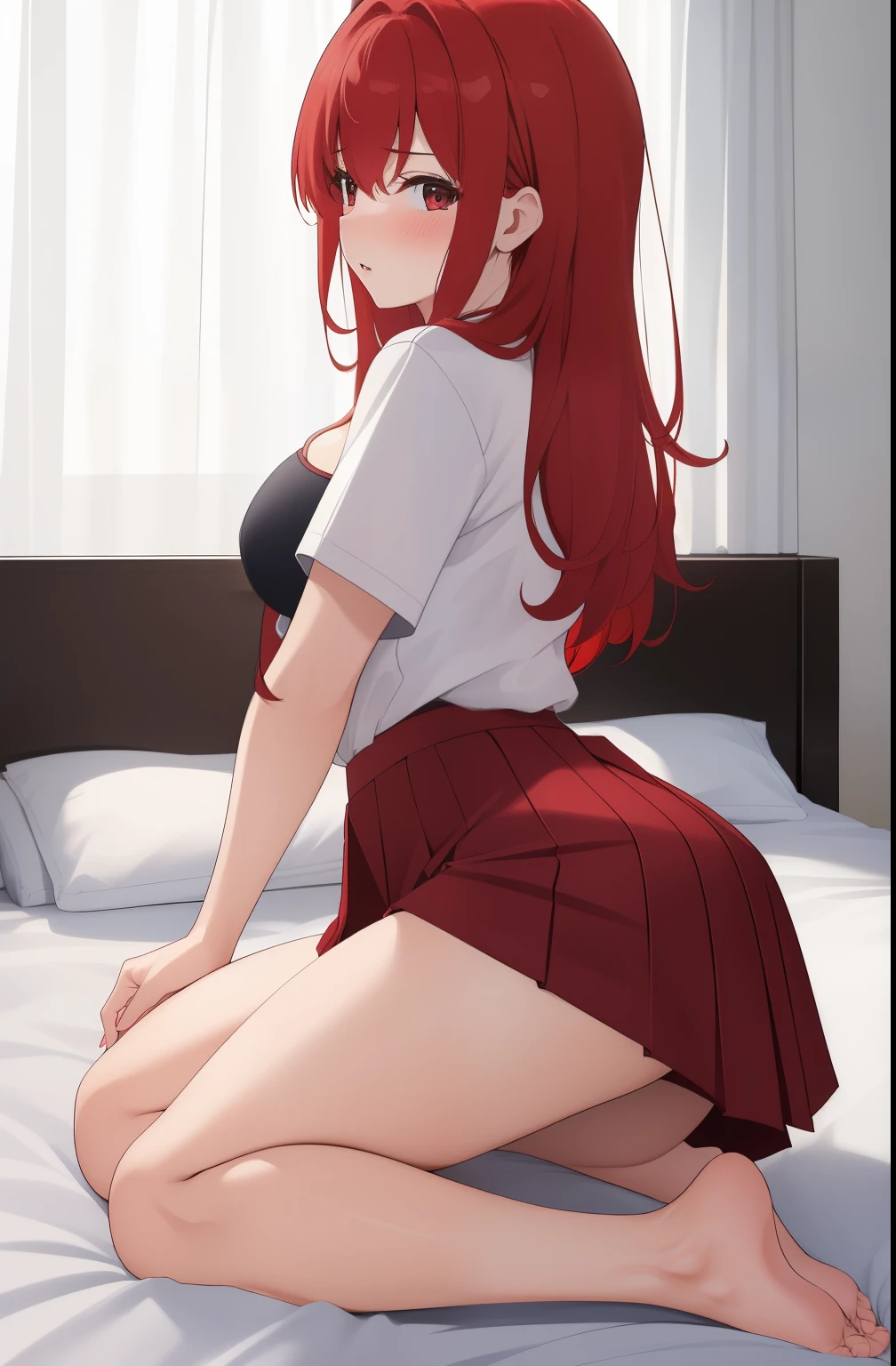 (best quality, 4k, highres, masterpiece:1.2), red hair, medium-sized breasts, cleavage, bikini, school uniform, lifted clothes, skirt outfit, full-body shot, perfect physique, -yeld, bhing, kneeling, wetting the bed on the top of the bed, lying down, from the side