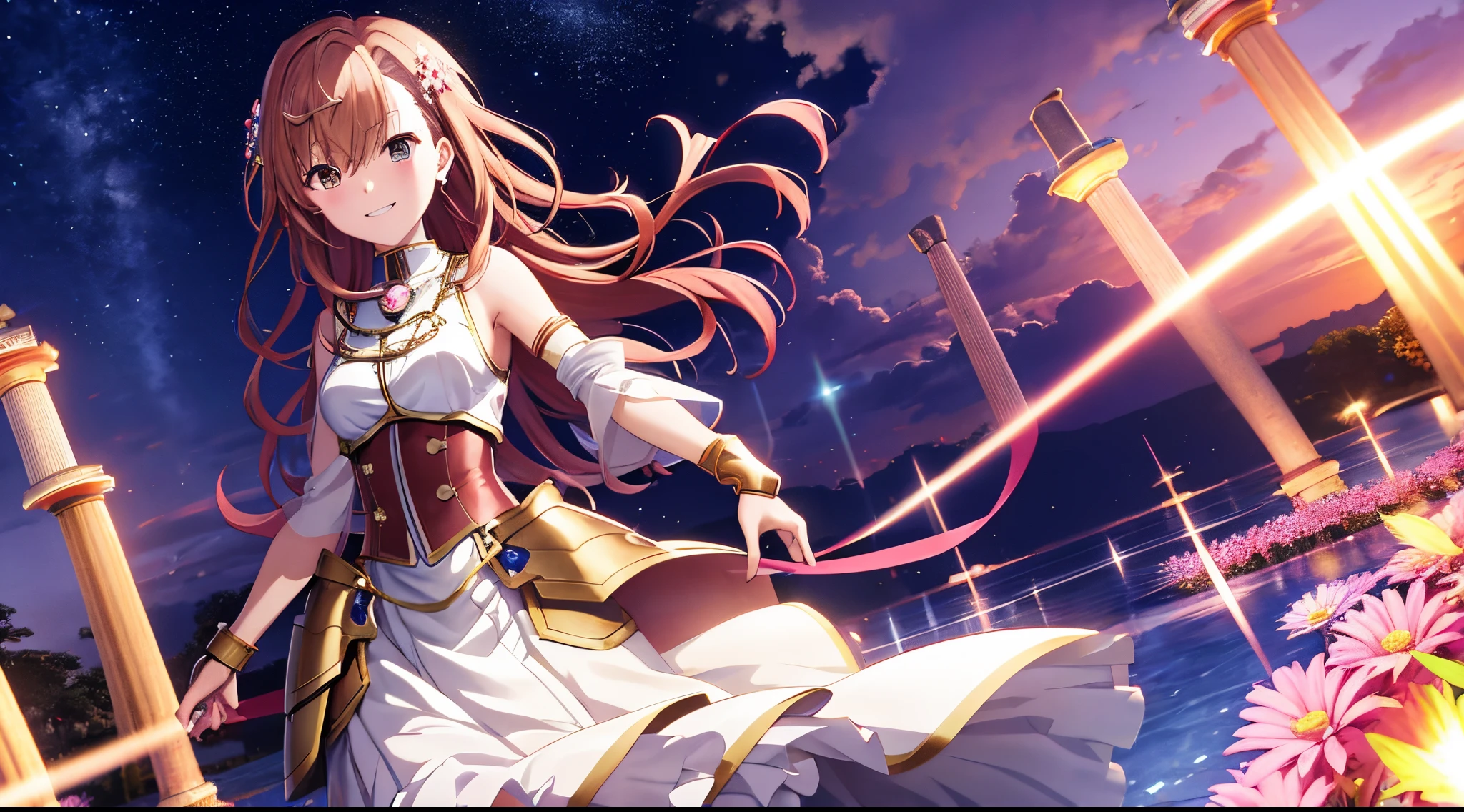 Anime view of Misaka mikoto, 1girl, teen girl, kawaii, solo, chestnut hair, hairpin,brown eyes, standing, looking at viewer,smile,knight armor pauldrons sleeves,praying beads on neck, long skirt,flower fields in greek Acropolis waterfalls,night sky nebulae,anime style,deep depth of field,wide angle view,Lumen Reflections,Screen Space Reflections,Diffraction Grading,Chromatic Aberration,GB Displacement,Scan Lines,Ray Traced,Anti-Aliasing,FXAA,TXAA,RTX,SSAO,Shaders,OpenGL-Shaders,GLSL-Shaders,Post Processing,Post-Production,cell Shading,Tone Mapping,CGI,VFX,SFX,insanely detailed and intricate, 4K