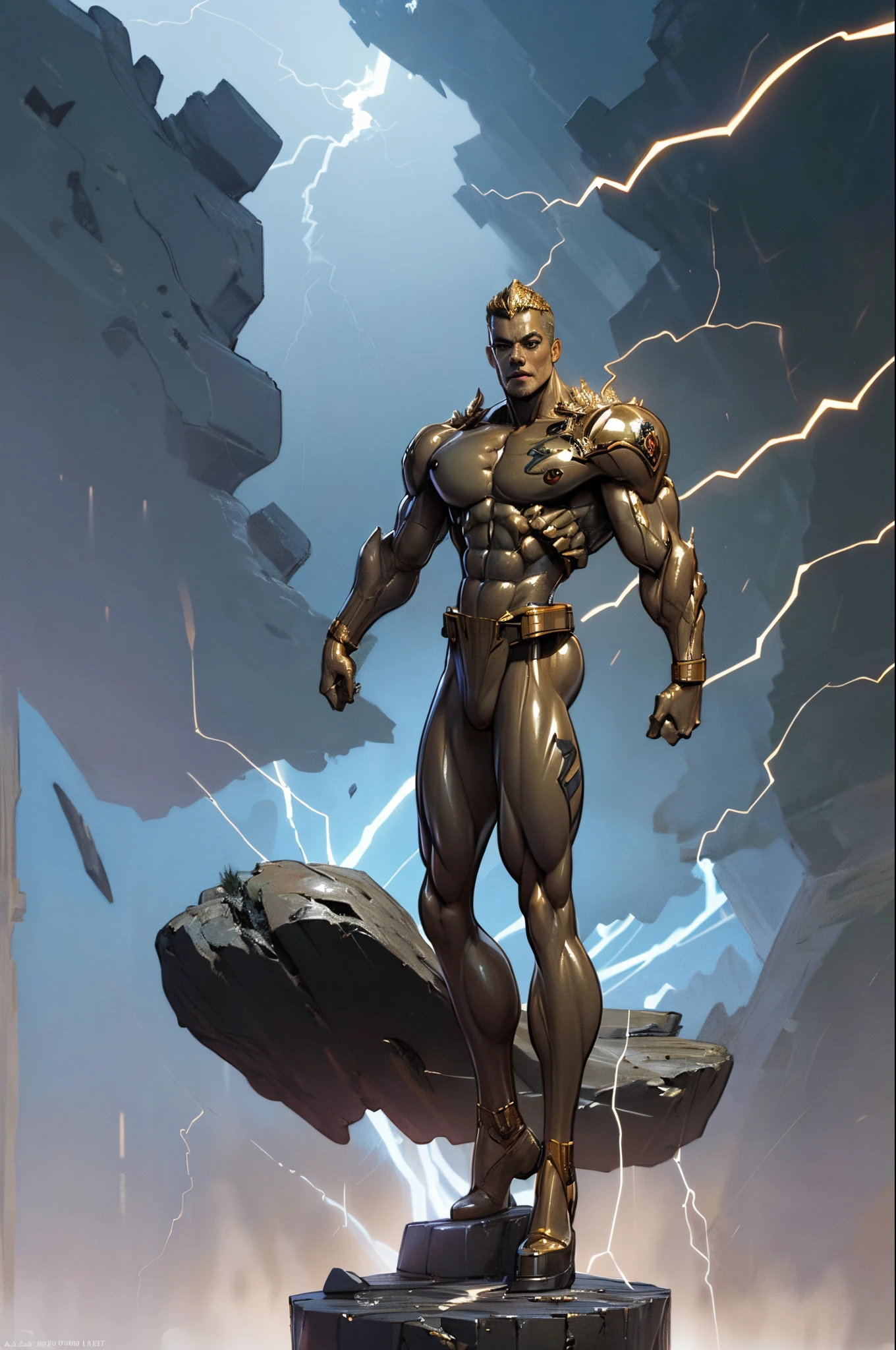 a statue of zeus, dynamic pose, standing on a rock:0.3, (with lightning in the background:1.4), (3/4 view), Clint Cearley, arnold render, a marble sculpture, (cinematic:1.4), slate gray atmosphere, hyperdetailed, soothing tones, insane details, low contrast, (((full body))), (centered), stormy sky, epic sky, volumetric lighting,