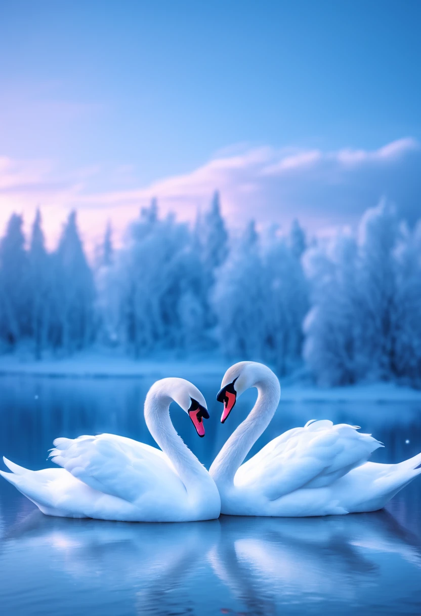 Ultra wide Angle, Tetsuko Kaouai's photography style, vision, soft contrast, dream, bright colors, dusk, two face to face close contact on a blue lake elegant white swans, head to head, love, snow, snow season, white woods in the distance, fantasy elements, surreal style, Unreal Engine, futuristic images, scattered composition, removal of architecture, ice and snow, Lakes, beautiful sky backgrounds, soft colors,
