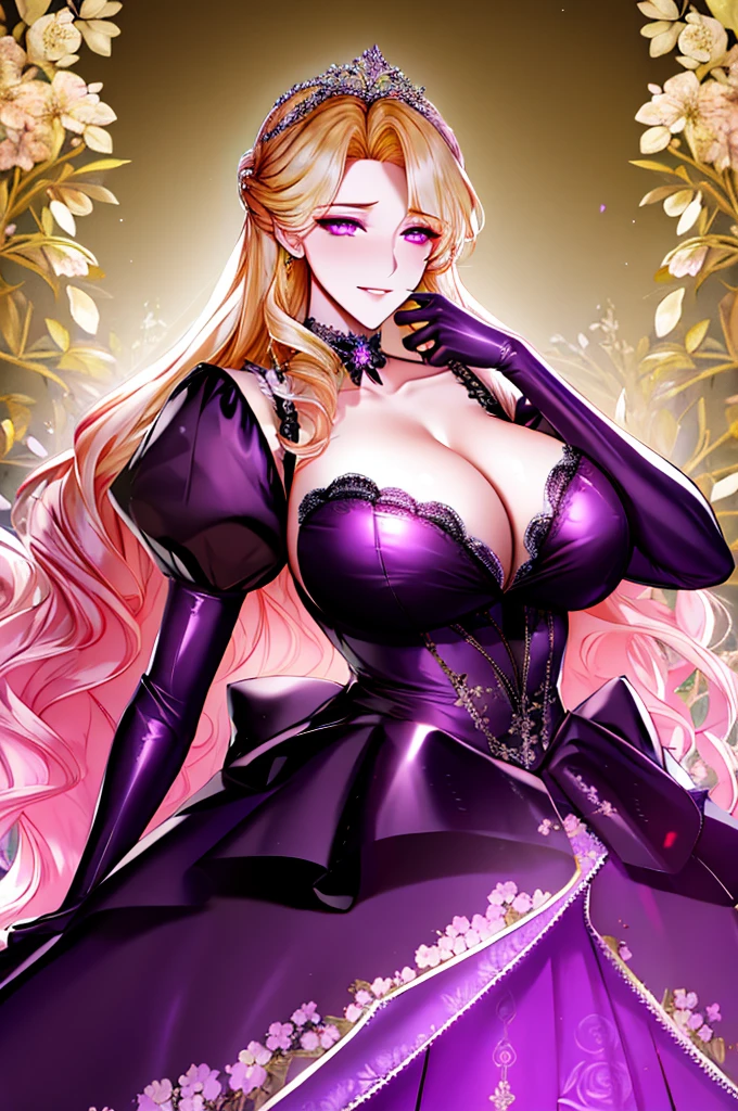 corrupta, ((shoujo-style, floral background, romance manhwa)), 1girl, blonde hair, solo, long hair, flower, dress, tiara, white dress, gloves, long sleeves, thick eyeblows, purple eyes, white gloves, purple bow, purple flower, wavy hair, standing, bow, jewelry, looking at viewer, oiled skin, shiny skin, reflective skin, steaming body, evil smile, collarbone, puffy sleeves, skirt lift, upper body, parted bangs, very long hair, purple dress, frills, bangs, cowboy shot, big breast, cleavage, dark persona, corruption