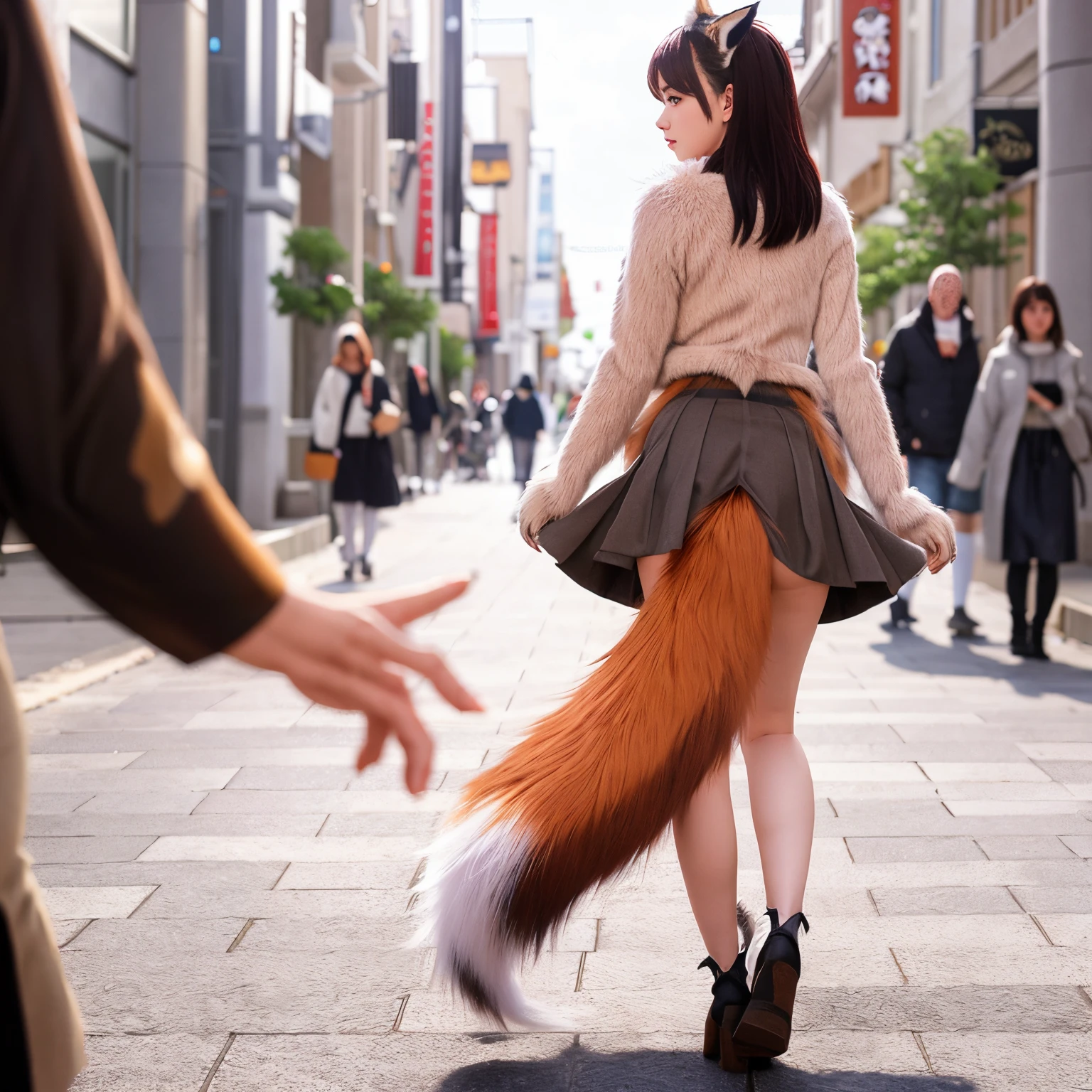 A woman with a tail walking around town wearing a skirt, Fox tail, Furry tail, foxgirl,  fluffy tail,  Moe Sleeve ,tail, thick fluffy tail,  pov furry art,  Photorealsitic, a picture, top-quality