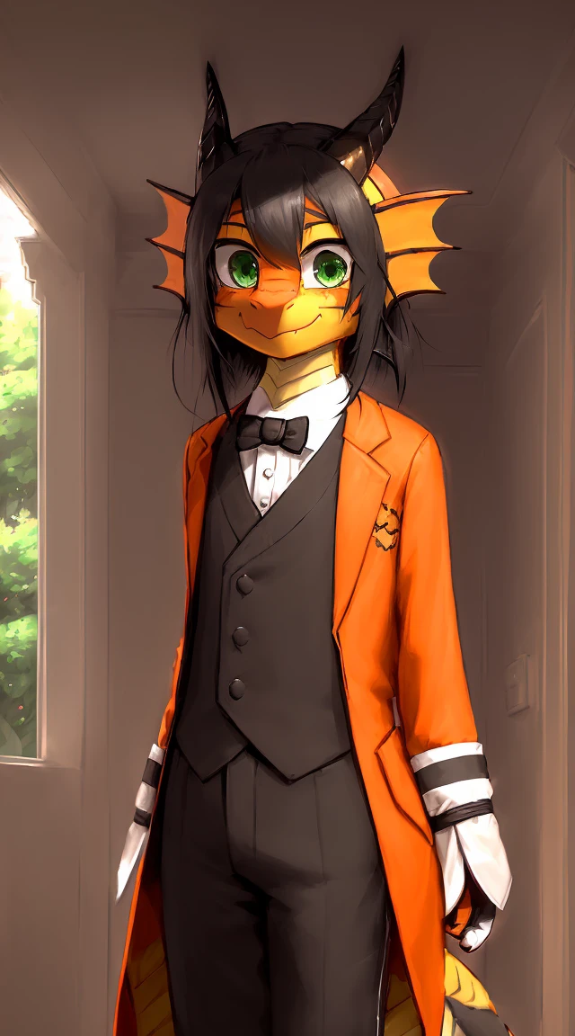 Author: zackary911, zackary911, ((Best Quality, super detailed illustration, (1 girl:1.2), (dragon:1.4), orange striped body, Messy medium length hair, matte black hair color, tuxedo, Green eyes, in an elite house, 가슴, antrum, Extremely detailed, The legs are extremely detailed, The hands are very detailed, The face is extremely detailed, The eyes are perfectly detailed, The anatomy is very detailed))): 1.2, 独奏, tight underwear, Skin, perspective, front angle, Formal Pose, Looking at the viewer with a predatory gaze and a smile,