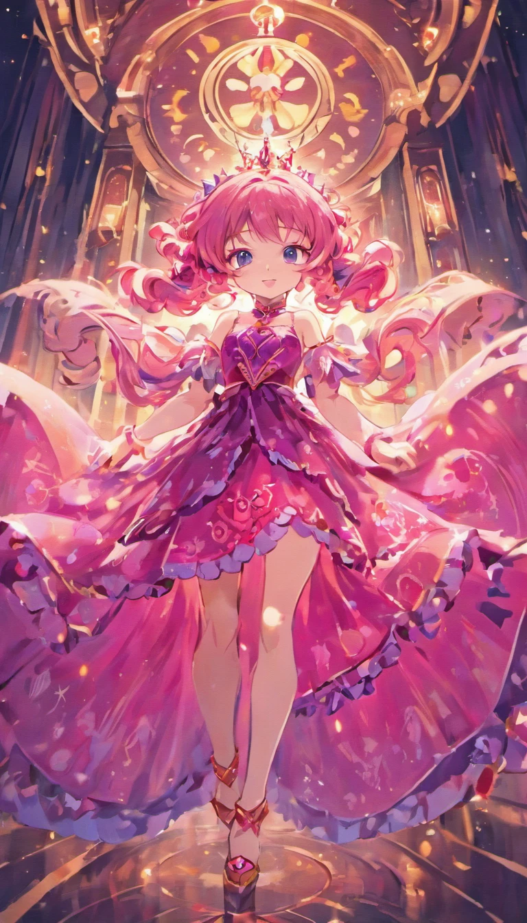 Masterpiece, Best quality, beautiful, happy adult princess, pink hair, wearing flowing dress in rich hues of deep pink and royal blue, adorned with intricate patterns that hinted at her connection to ancient magic, reflection of her enigmatic nature, smiling confidentially, wearing jewel necklace, magical bracelets, marvelous crown, brilliant texture work, purple pants,