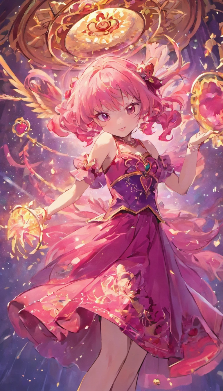 Masterpiece, Best quality, beautiful, happy adult princess, pink hair, wearing flowing dress in rich hues of deep pink and royal blue, adorned with intricate patterns that hinted at her connection to ancient magic, reflection of her enigmatic nature, smiling confidentially, wearing jewel necklace, magical bracelets, marvelous crown, brilliant texture work, purple pants,