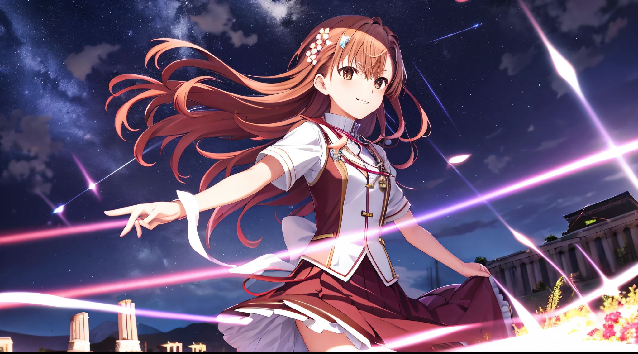 Anime view of Misaka mikoto, 1girl, kawaii, solo, chestnut hair, hairpin,brown eyes, standing, looking at viewer,smile,black maid uniform,praying beads on neck, long skirt,flower fields in greek Acropolis waterfalls,night sky nebulae,anime style,deep depth of field,wide angle view,Lumen Reflections,Screen Space Reflections,Diffraction Grading,Chromatic Aberration,GB Displacement,Scan Lines,Ray Traced,Anti-Aliasing,FXAA,TXAA,RTX,SSAO,Shaders,OpenGL-Shaders,GLSL-Shaders,Post Processing,Post-Production,cell Shading,Tone Mapping,CGI,VFX,SFX,insanely detailed and intricate, 4K