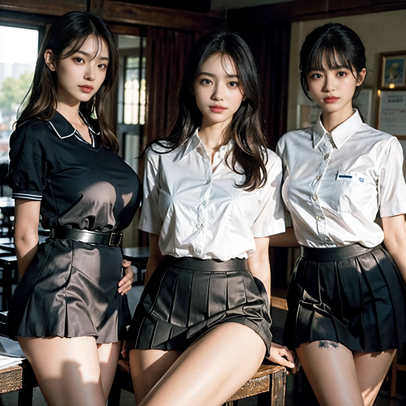 absurd res, RAW photogr, Extremely Delicately Beautiful, tmasterpiece, Best quality at best, 超高分辨率, 16k, Hyper-realistic, ultra - detailed, Very detailed CG 8k wallpaper, beautiful light up, Perfect lightning, realistic shaded, perfect anatomia, Ultra-delicate skin, perfect bodies, in her 20s, Very slim figure, Willow waist, the head is small, The eyes and face are very detailed, Real face proportions, Amazingly detailed eyes, realistic beautiful face, The face is small, Realistic little beautiful eyes, 二重まぶた, tear-mole, Mole on the chest, 耳Nipple Ring, The legs are beautiful and thin, Beautiful and thin thighs, (very huge round breasts:1.3), (short detailed hair), (curlies), (Summer school uniform:1.3), (Formal shirts:1.3), (tiese), (midriff peek:0.1), (Sleeveless:0.1), (Naked arms), (Bare legged), (3 Girls:1.3),