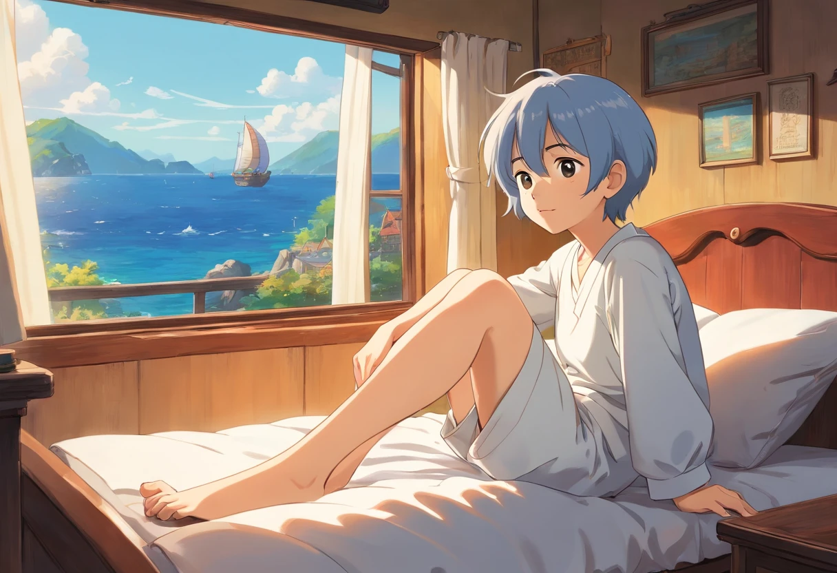 Best quality at best, tmasterpiece, 1 3 year old boy, Alone, ferry,  A small town by the sea outside the window, Raise your legs, white  clothes, Bedrooms, Beds, wooden floor, sitted, sit on a bed, Place your hands on your legs, eyes full of curiosity，gentlesoftlighting, full bodyesbian