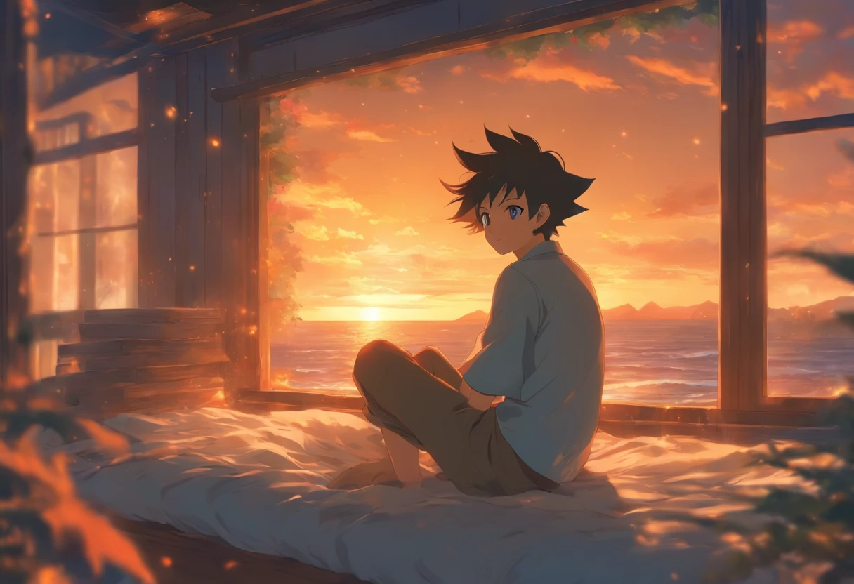 Best quality at best, tmasterpiece, 1 3 year old boy, Alone, ferry, A small town by the sea outside the window, Raise your legs, white clothes, Bedrooms, Beds, wooden floor, sitted, sit on a bed, Place your hands on your legs, eyes full of curiosity,gentlesoftlighting, full bodyesbian