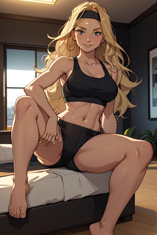 A beautiful 23 years old woman, barefoot, wearing black sportsshorts and a sportsbra, in a modern room, wavy blonde hair, bandana headband, calm smile.