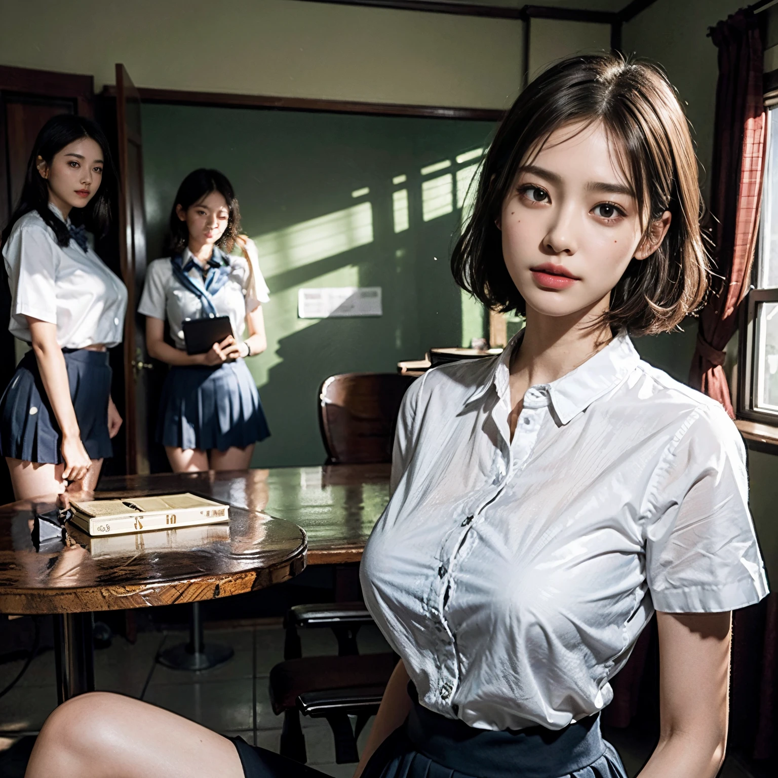 Ridiculous resources, RAW photogr, Extremely Delicately Beautiful, tmasterpiece, Best quality at best, 超高分辨率, 16k, hyper realisitc, ultra - detailed, Very detailed CG 8k wallpaper, beautiful light up, Perfect lightning, realistic shaded, perfect anatomia, Ultra-delicate skin, perfect body figure, in my 20s, Very slim figure, Willow waist, small heads, Eyes and faces are very detailed, Real face proportions, amazing eye detail, realistic beautiful face, Face smaller, Realistic little pretty eyes, 二重まぶた, tear-mole, Mole on the chest, ear nipple ring, The legs are beautiful and thin, Beautiful and thin thighs, (very huge round breasts:1.3), (Short hair details), (curlies), (Summer school uniform:1.3), (Formal shirts:1.3), (tics), (midriff peek:0.1), (Sleeveless:0.1), (Naked arms), (bare-legged), (3 Girls:1.3),
