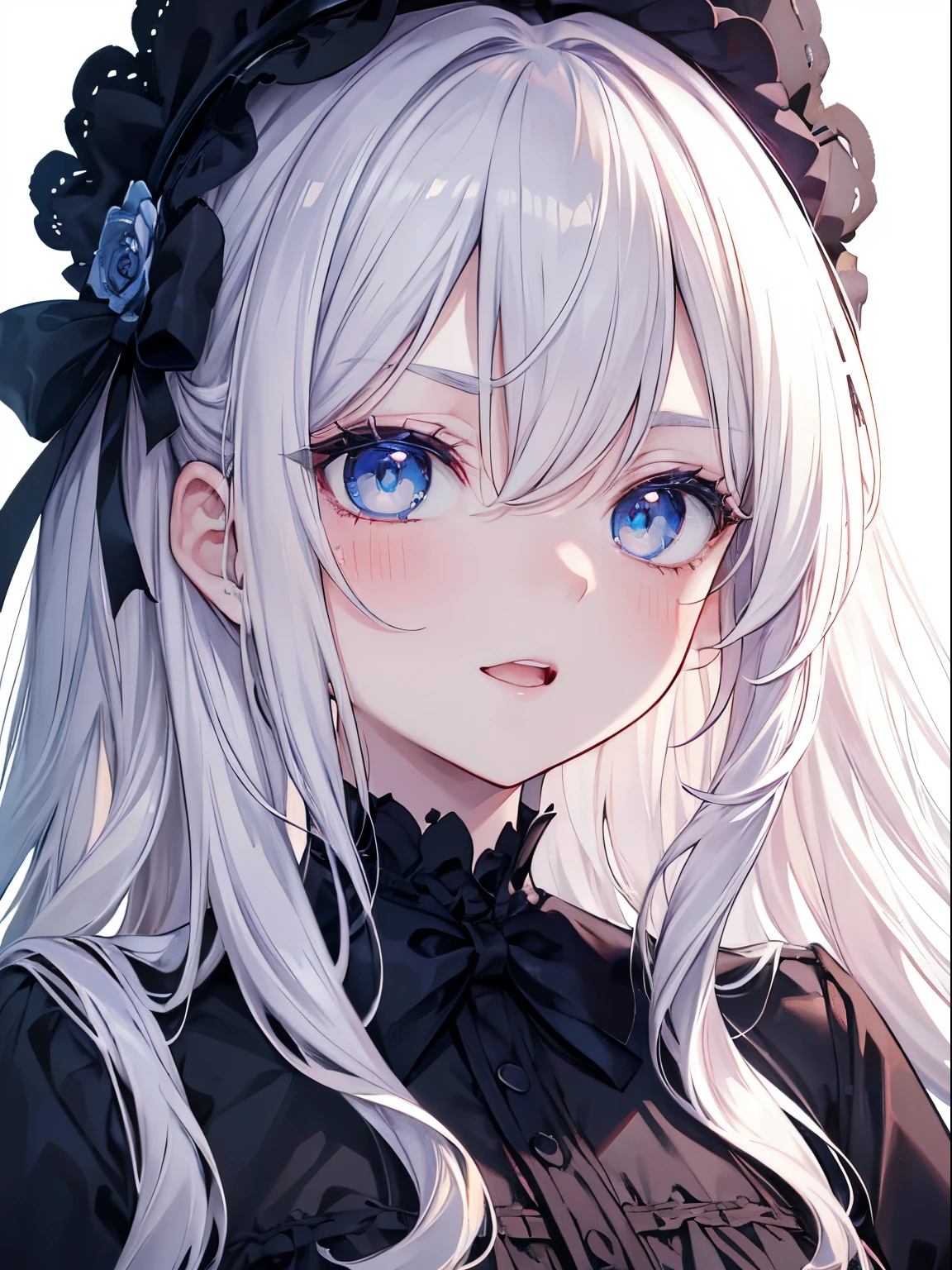 masutepiece, Highest Quality, (Perfect face:1.1), (high detailing:1.1), (ultradetailed eyes), Dramatic, superfine illustration, Extremely detailed, 1girl in, (pale skin), long White Hair, Ethereal eyes, blue eyes,tareme, (light eyebrow),blush,Solo, Smile, Open mouth,Pouty lips,Cinematic lighting, Looking at Viewer,face forces,Gothic lolita, frilld, bow ribbon,Head dress