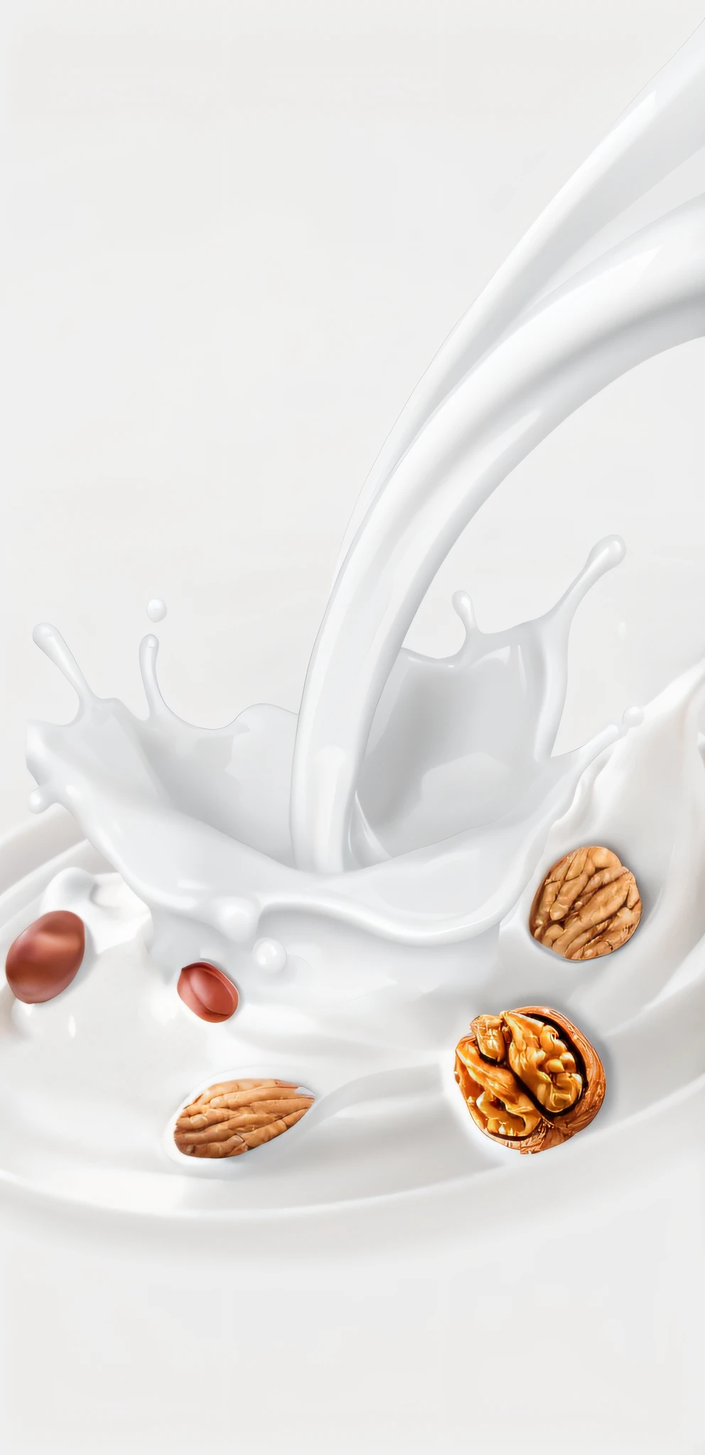 Araf pours milk into bowl with nuts and almonds, flowing milk, puddle of milk, latte, sea of milk, milk dripping, high quality topical render, Milk bath effect, top milk brands, Knocked milk, Hyper-realistic illustration, photorealistic illustration, Clean rendering, Smooth Rendering, soymilk, Hyper-realistic rendering, Hyper-realistic illustration