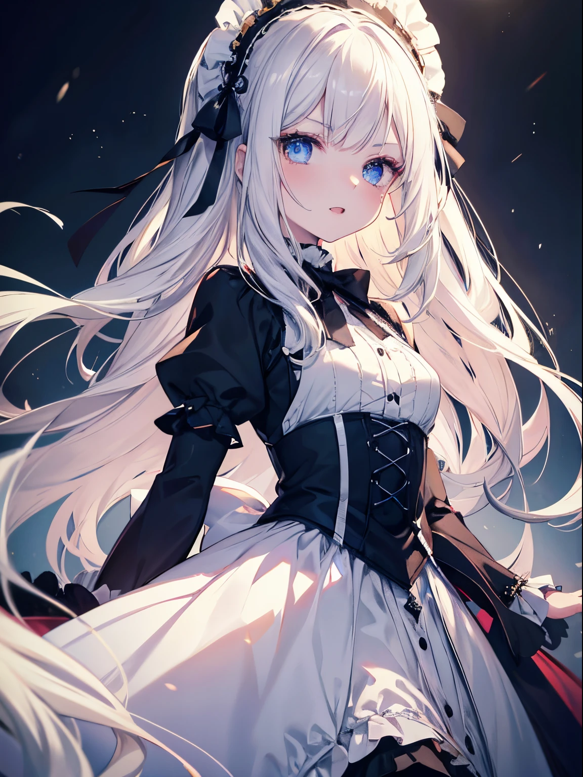 masutepiece, Highest Quality, (Perfect face:1.1), (high detailing:1.1), (ultradetailed eyes), Dramatic, superfine illustration, Extremely detailed, 1girl in, (pale skin), long White Hair, Ethereal eyes, blue eyes,tareme, (light eyebrow),blush,Solo, Smile, Open mouth,Pouty lips,Cinematic lighting, Looking at Viewer,Cowboy Shot,Gothic ta, frilld, bow ribbon,Head dress