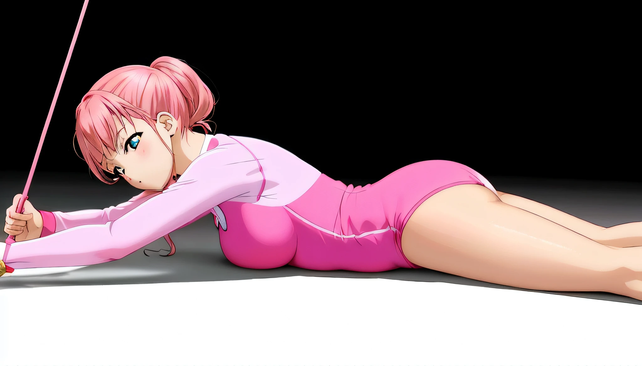 There is a woman in a pink bodysuit lying on a surfboard, SFM rendered photorealistic anime girl rendering, lying dynamic pose, bubblegum body, character in her natural pose, anime girl, cute anime girl rendering, smooth anime CG art, relaxed pose, Anime realistic pink body, smooth CG rendering