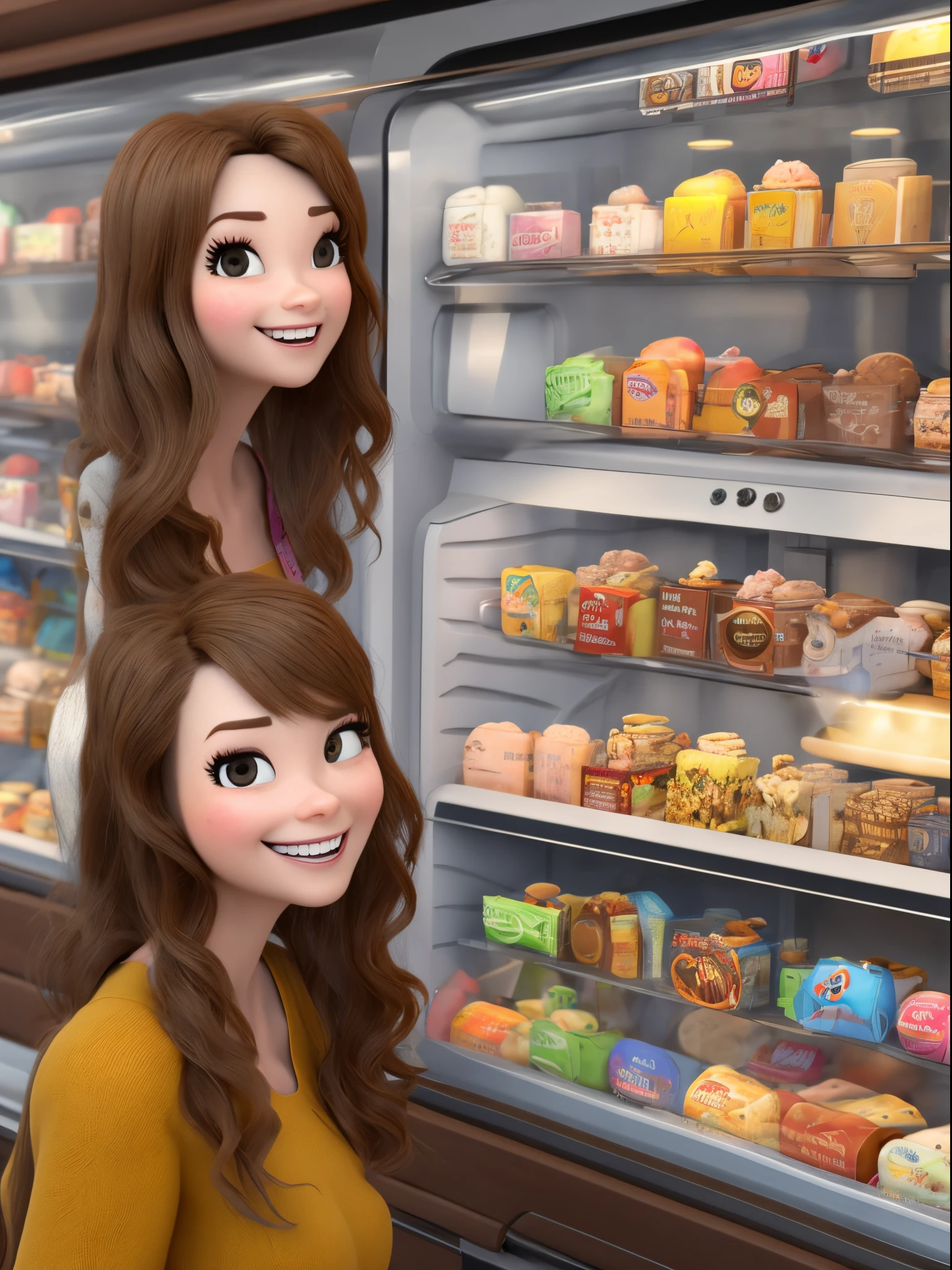 3d Disney Pixar mulher branca de 39 anos, medium to long brown hair layered and loose in the wind. Her face is very round and she is in an ice cream shop choosing ice cream. There's a freezer with lots of flavors and she's not sure which one to get.